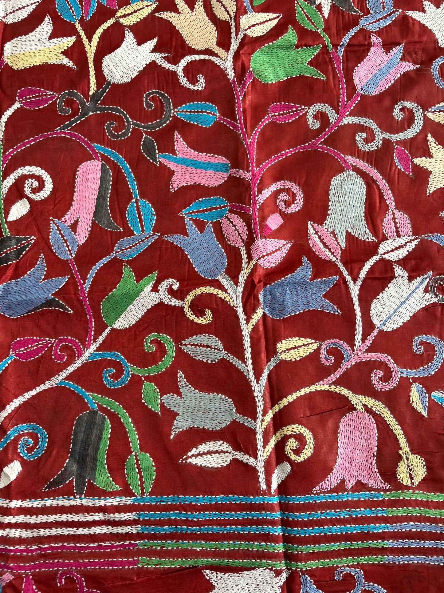 Kantha Hand Embroidered Blended Banglore Silk/Art Silk Saree With Blouse