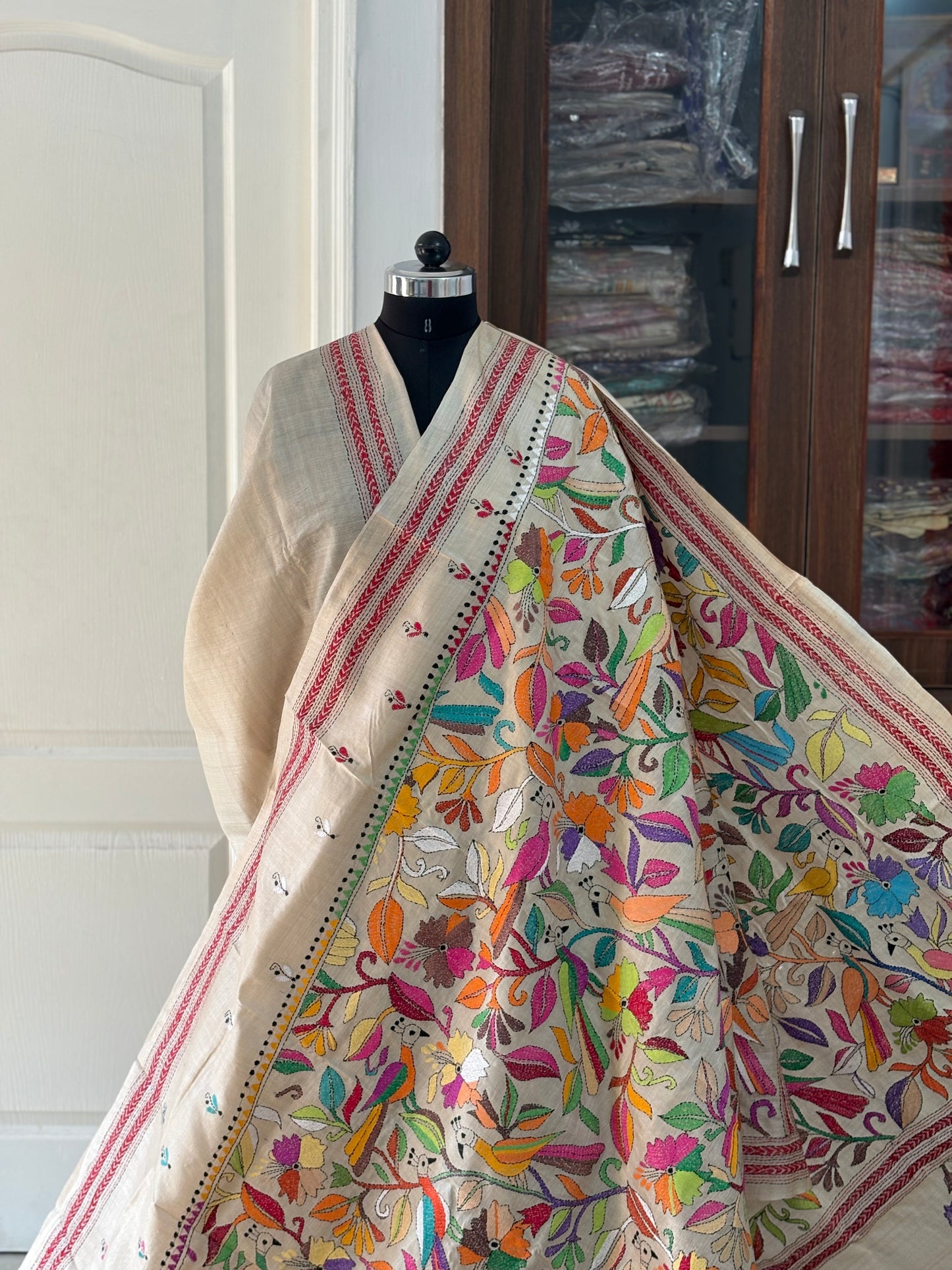 Kantha Stitch Hand Embroidered Pure Gachi Tussar Silk Saree (Silk marked)