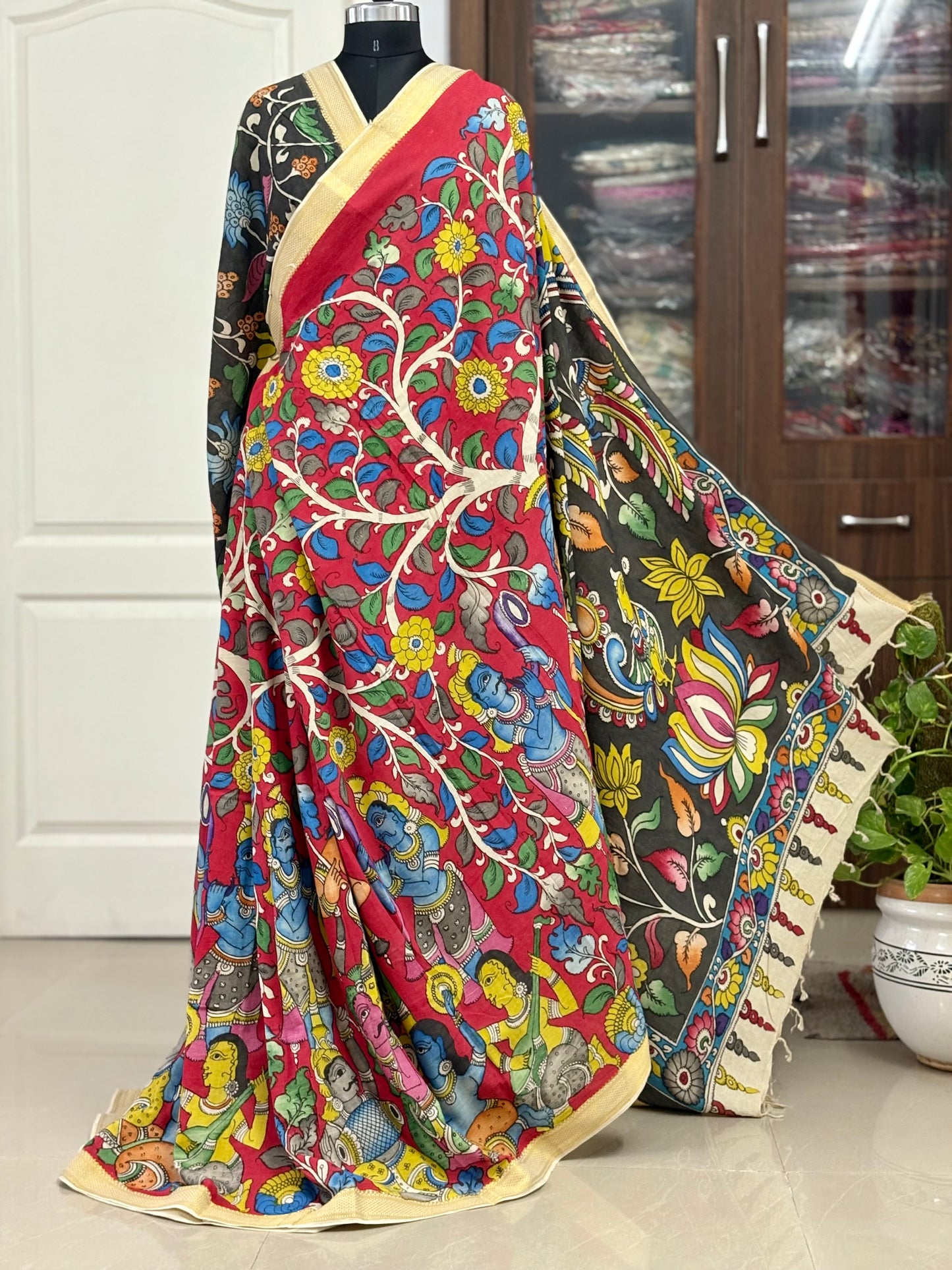 Pen Kalamkari hand painted pure cotton Saree with blouse