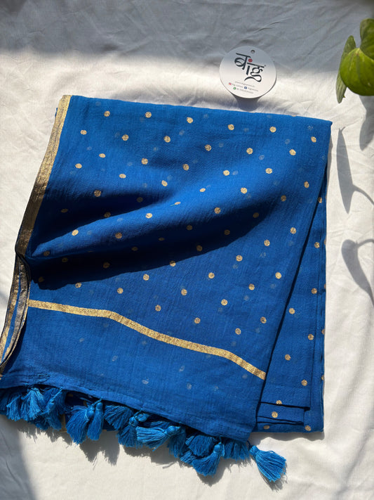 Polka Dot Saree With Blouse | Mul Cotton | Dark Blue