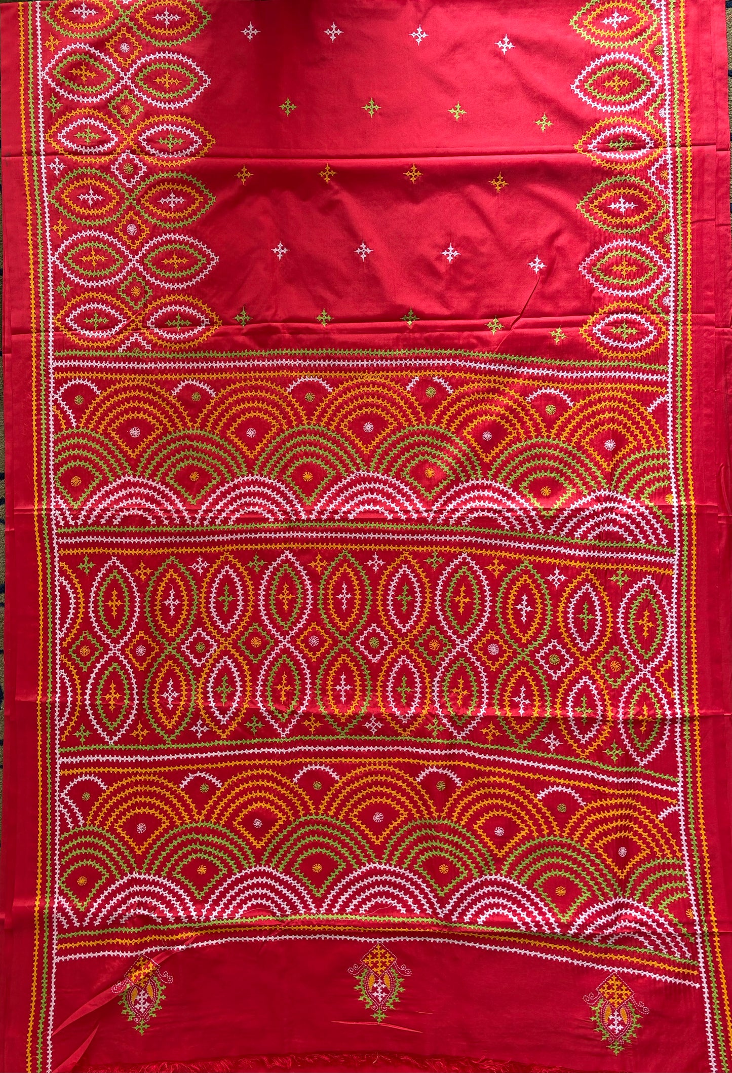 Gujrati Stitch/Kutch Hand Embroidered Art Silk Saree