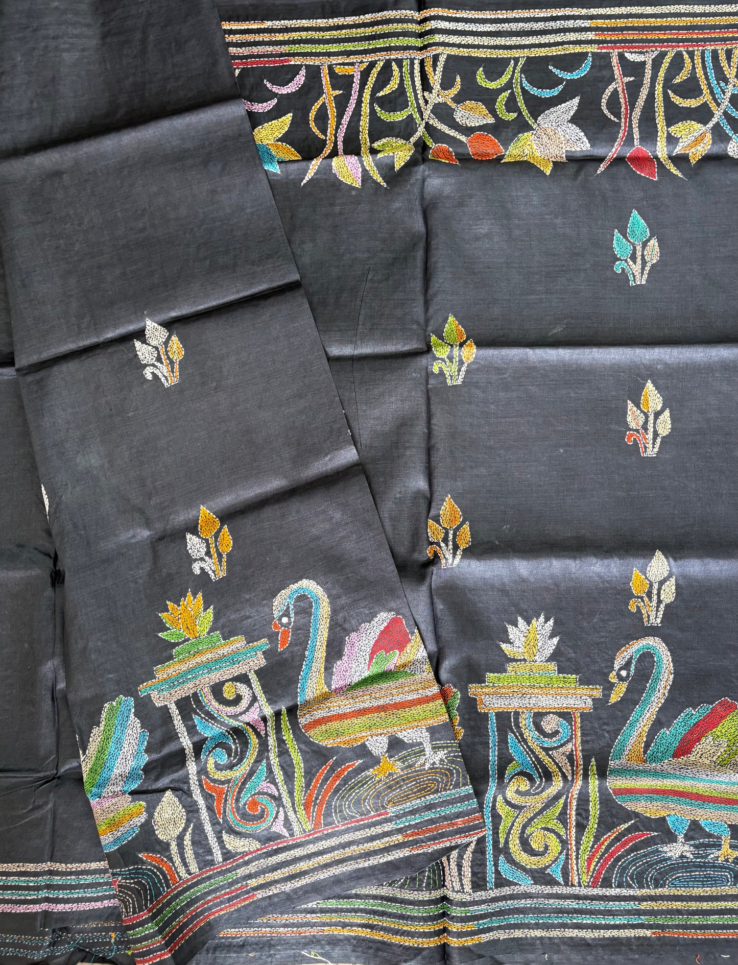 Kantha Hand Embroidered Pure Tussar Silk Saree