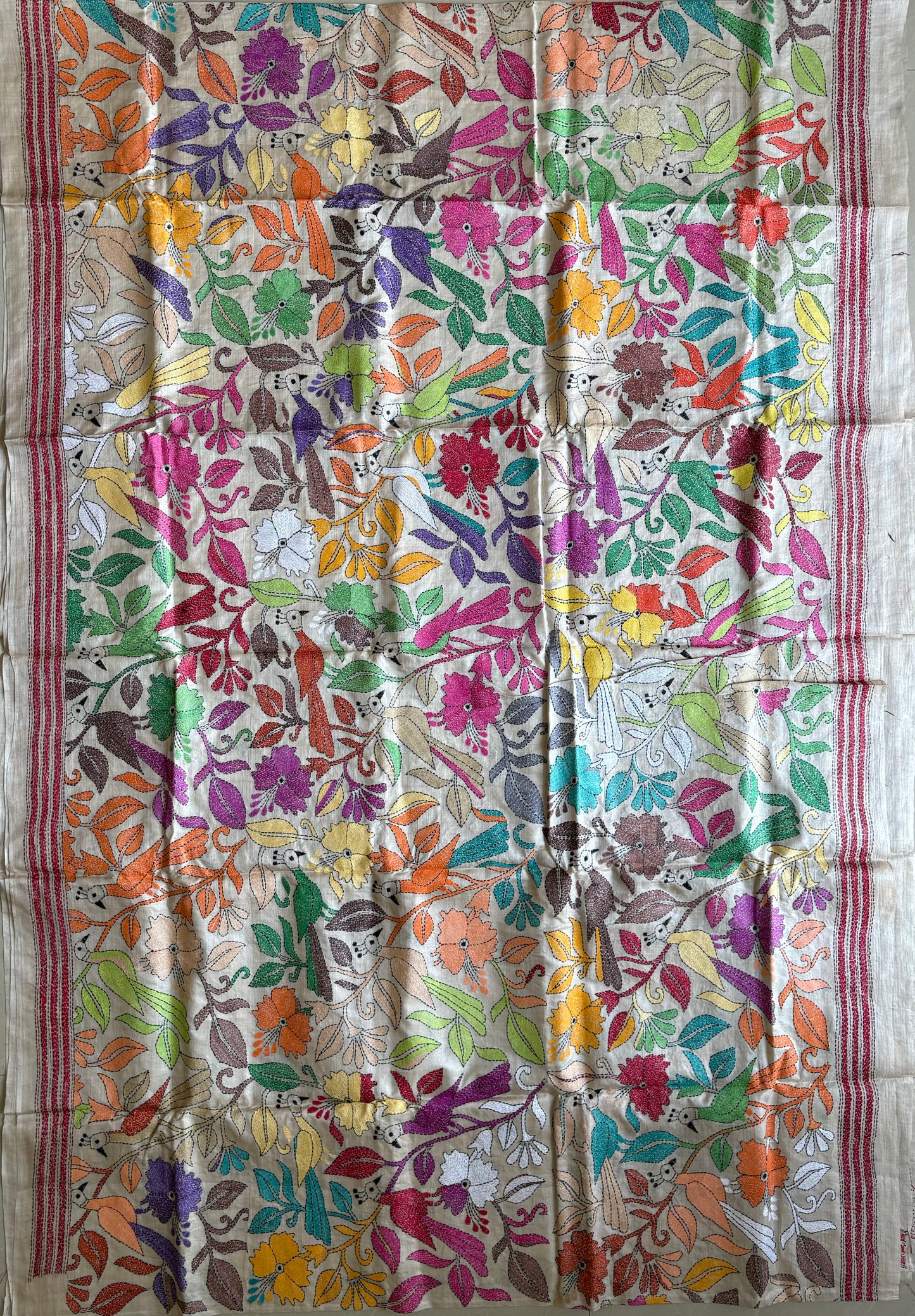 Kantha Hand Embroidered Pure Gachi Tassar Silk Saree - Silk Marked