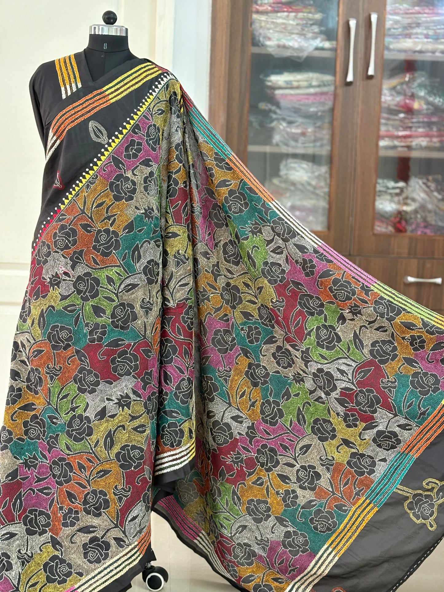 Kantha Stitch Hand Work Embroidered Art Silk Saree With Blouse