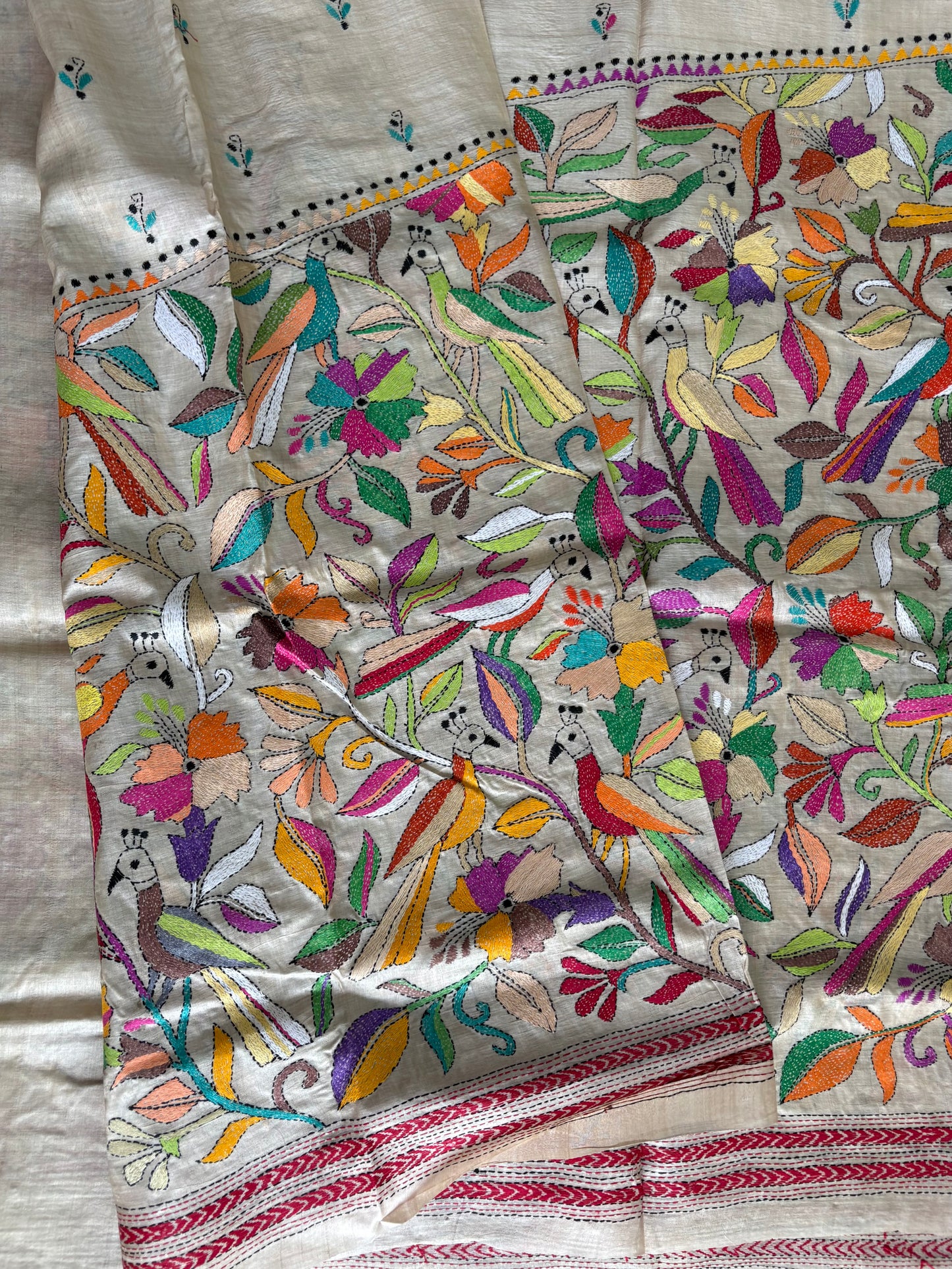 Kantha Stitch Hand Embroidered Pure Gachi Tussar Silk Saree