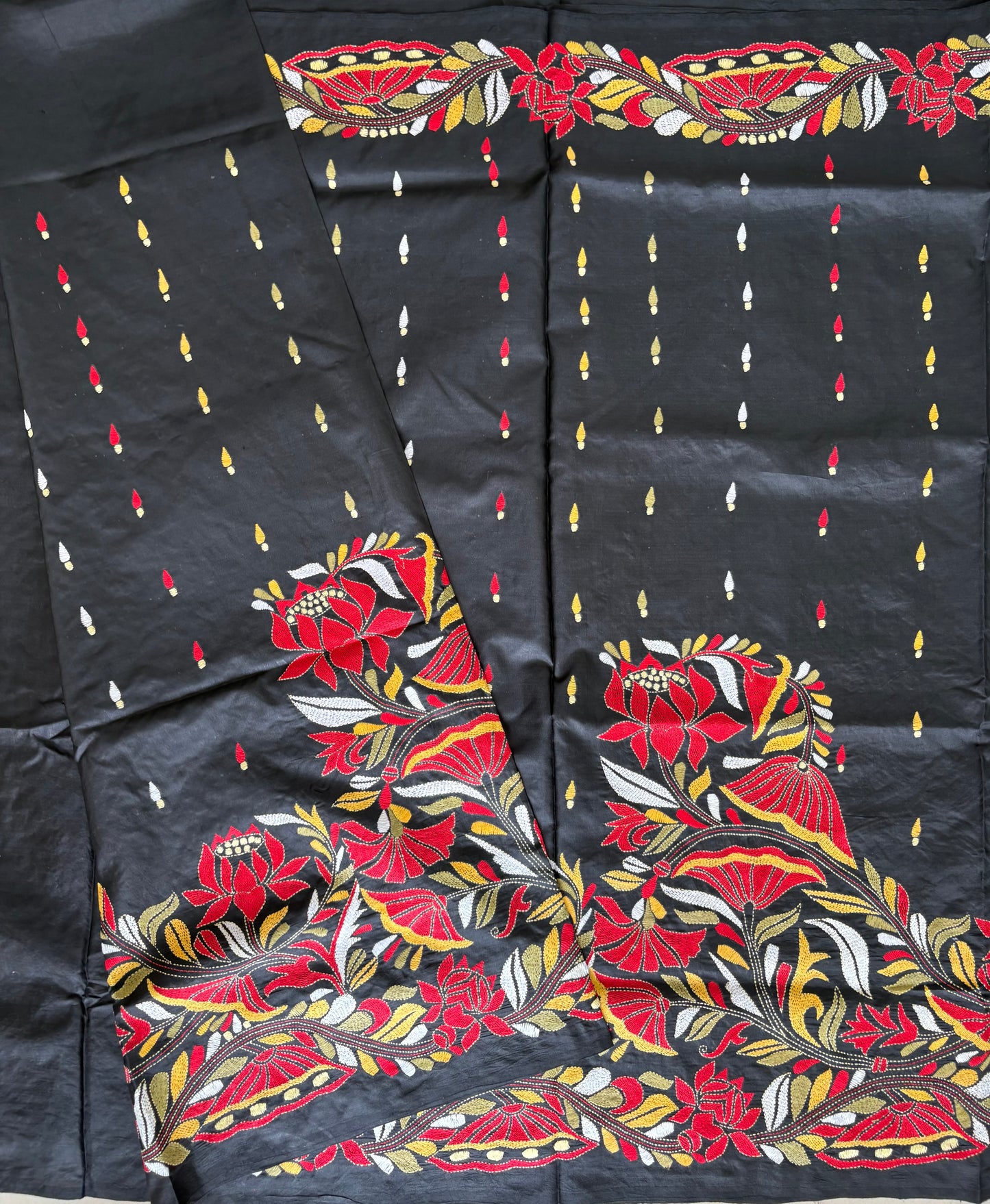 Black Kantha Stitch Hand Embroidered Pure Banglore Silk Saree (Silk Marked)