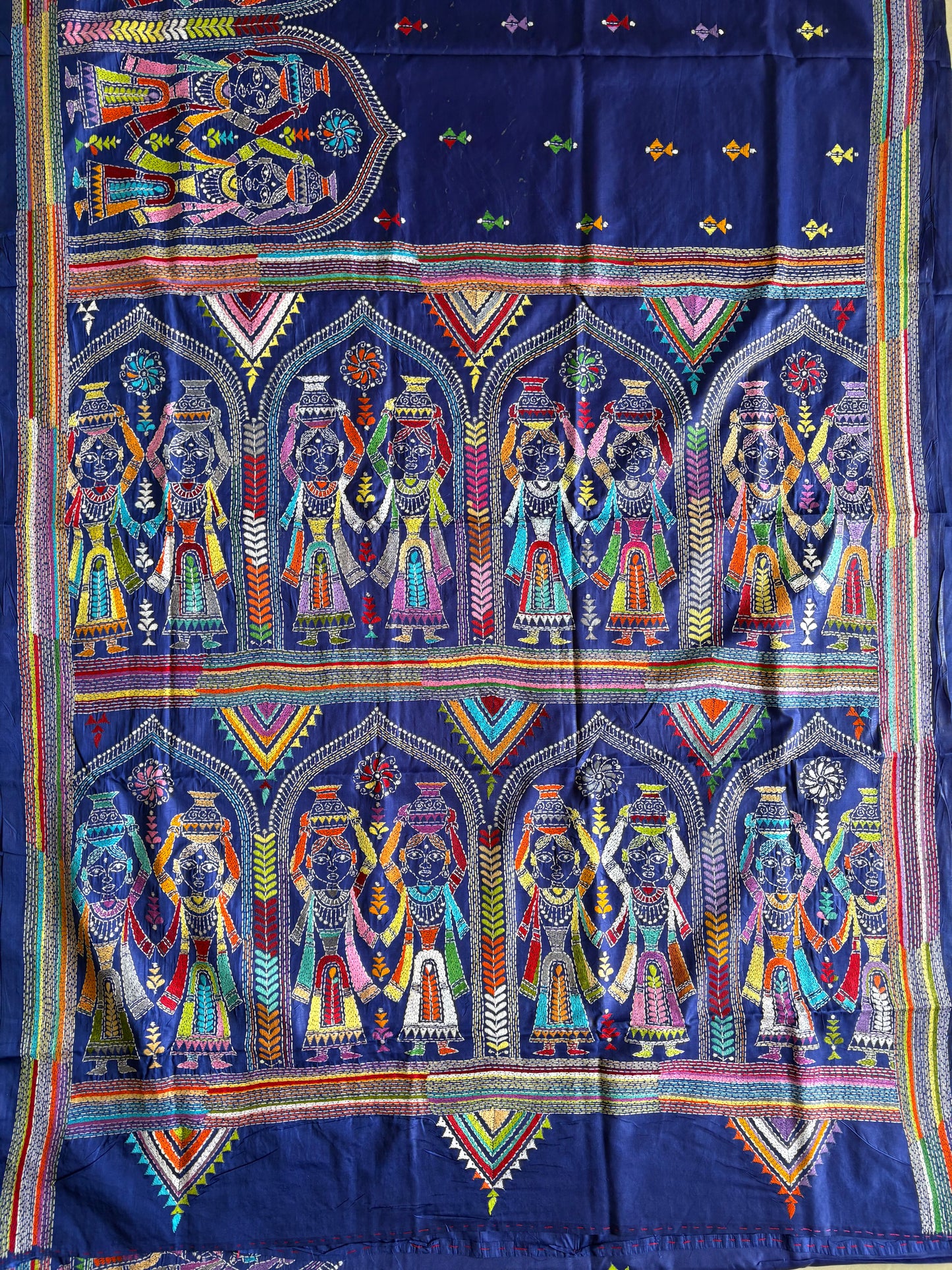 Royal Blue Kantha stitch Hand Work Art Silk Saree With Blouse