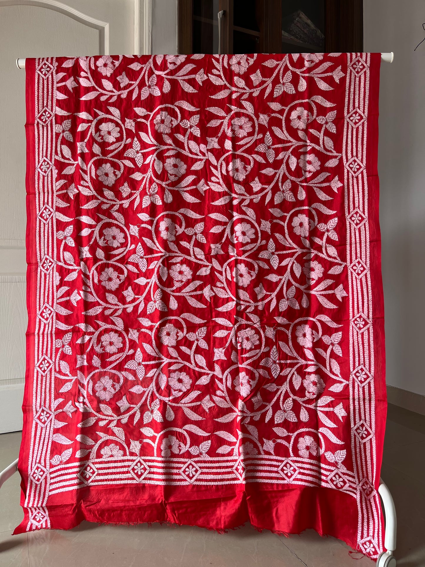 Red Kantha Stitch Hand Embroidary Full Work Pure Banglore Silk Dupatta. (With Silk Mark)