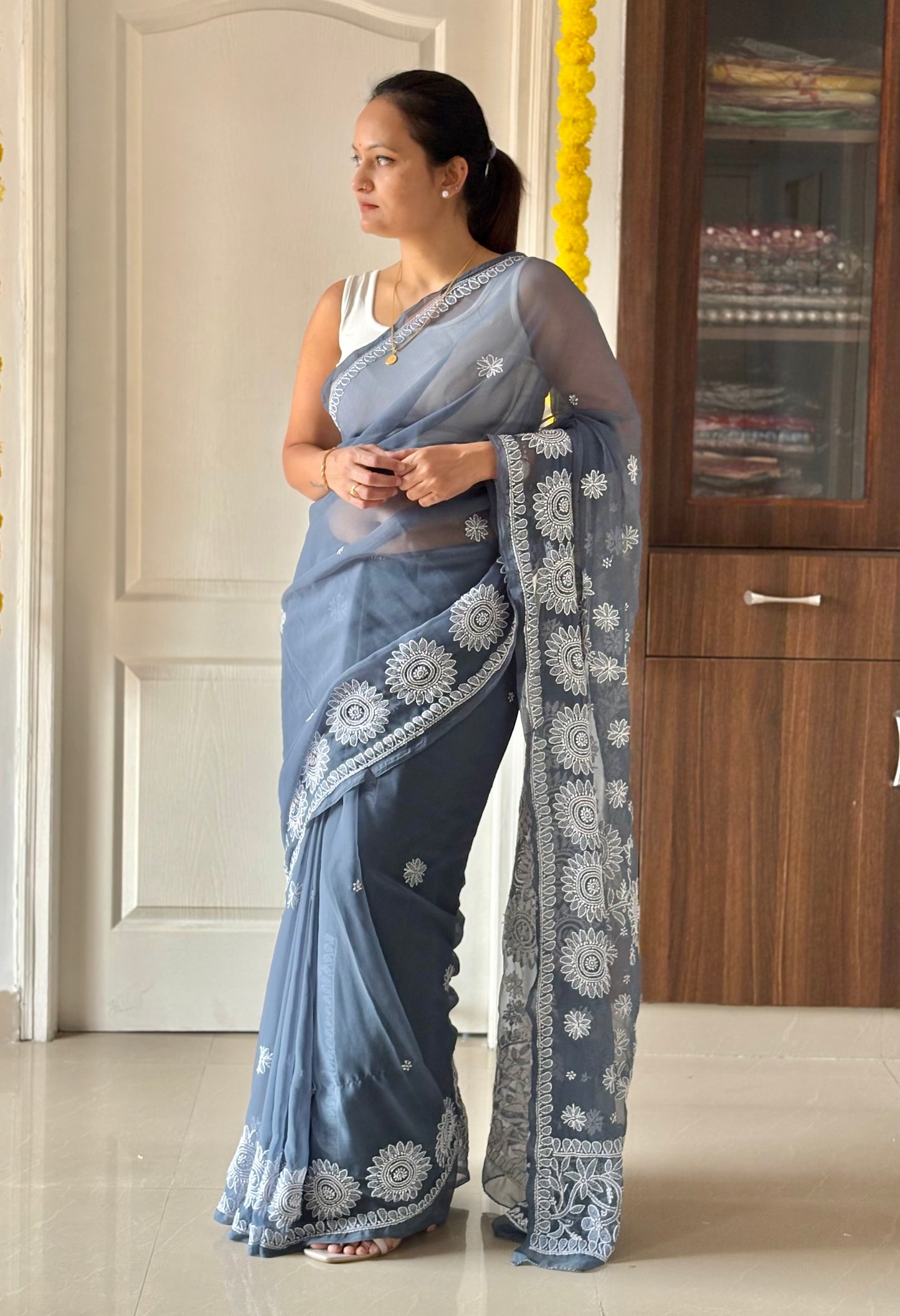 Dark Grey Georgette Chikankari Work Hand Embroidered Saree
