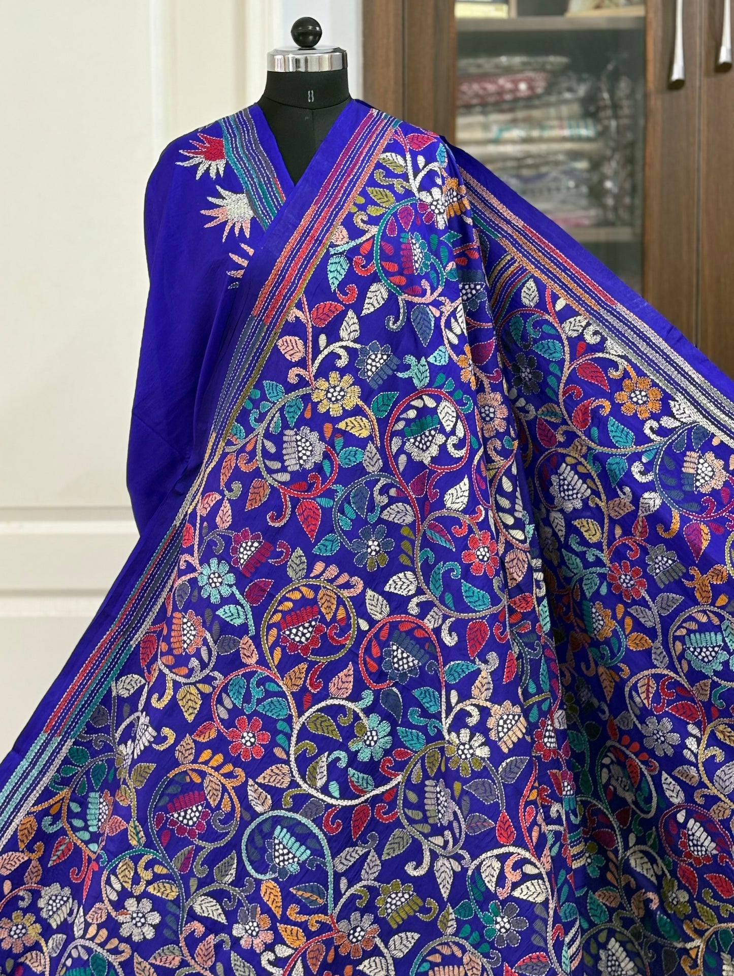 Kantha Hand Embroidered Pure Banglore Silk Saree (Silk Marked)