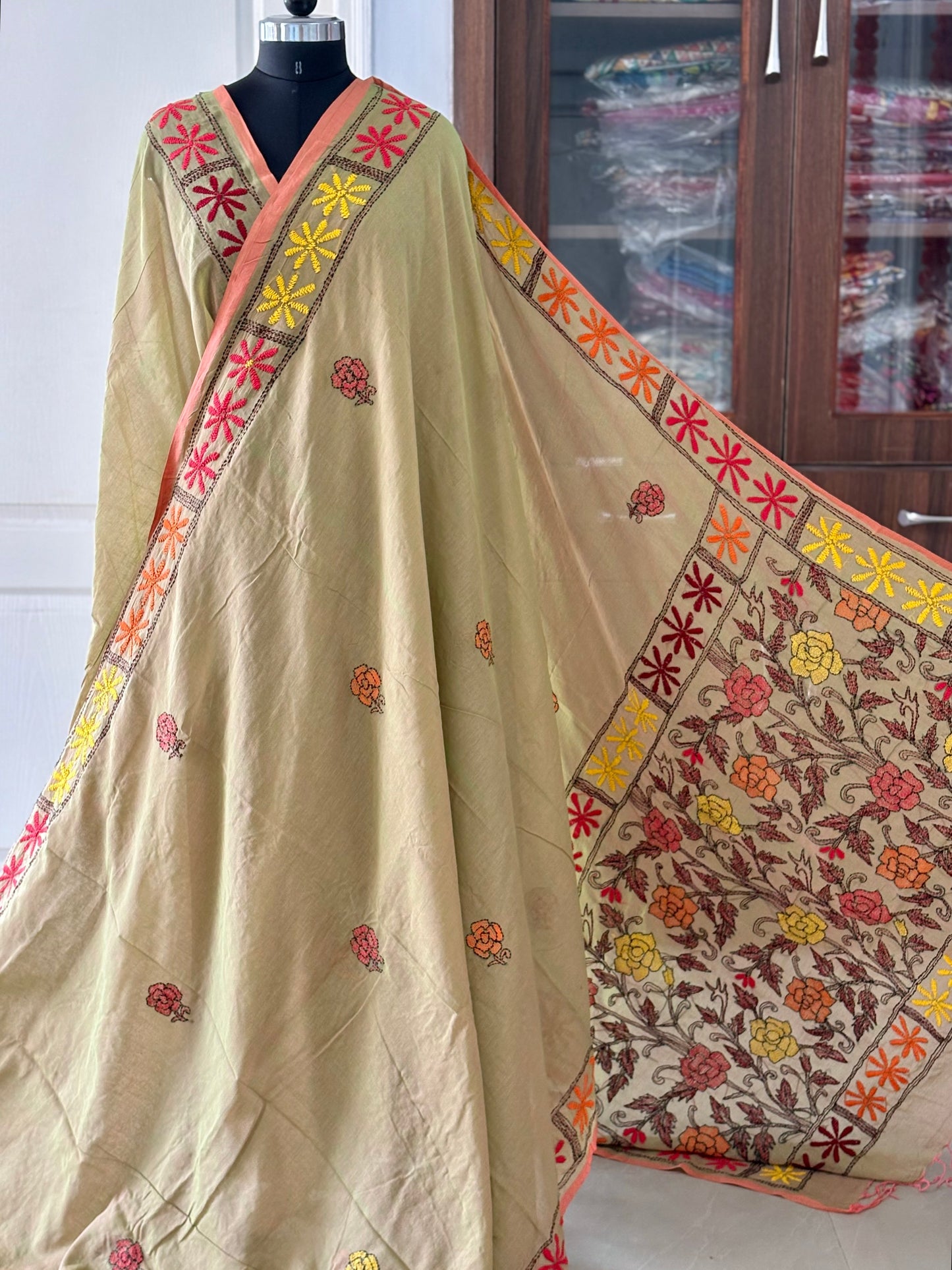 Kantha stitch Hand Embroidered Pure mul Cotton Saree