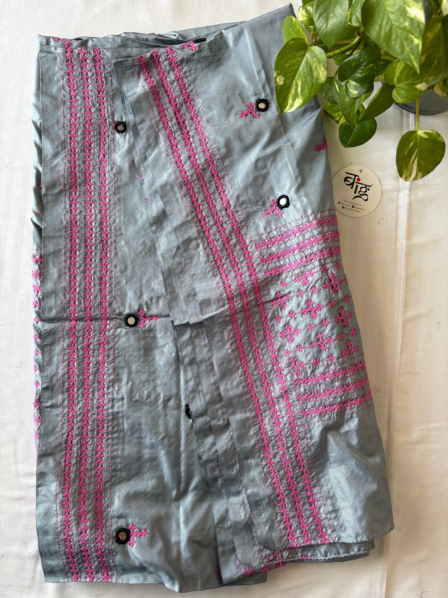 Kutch Hand Embroidered Blended Banglore Silk Dupatta – Grey