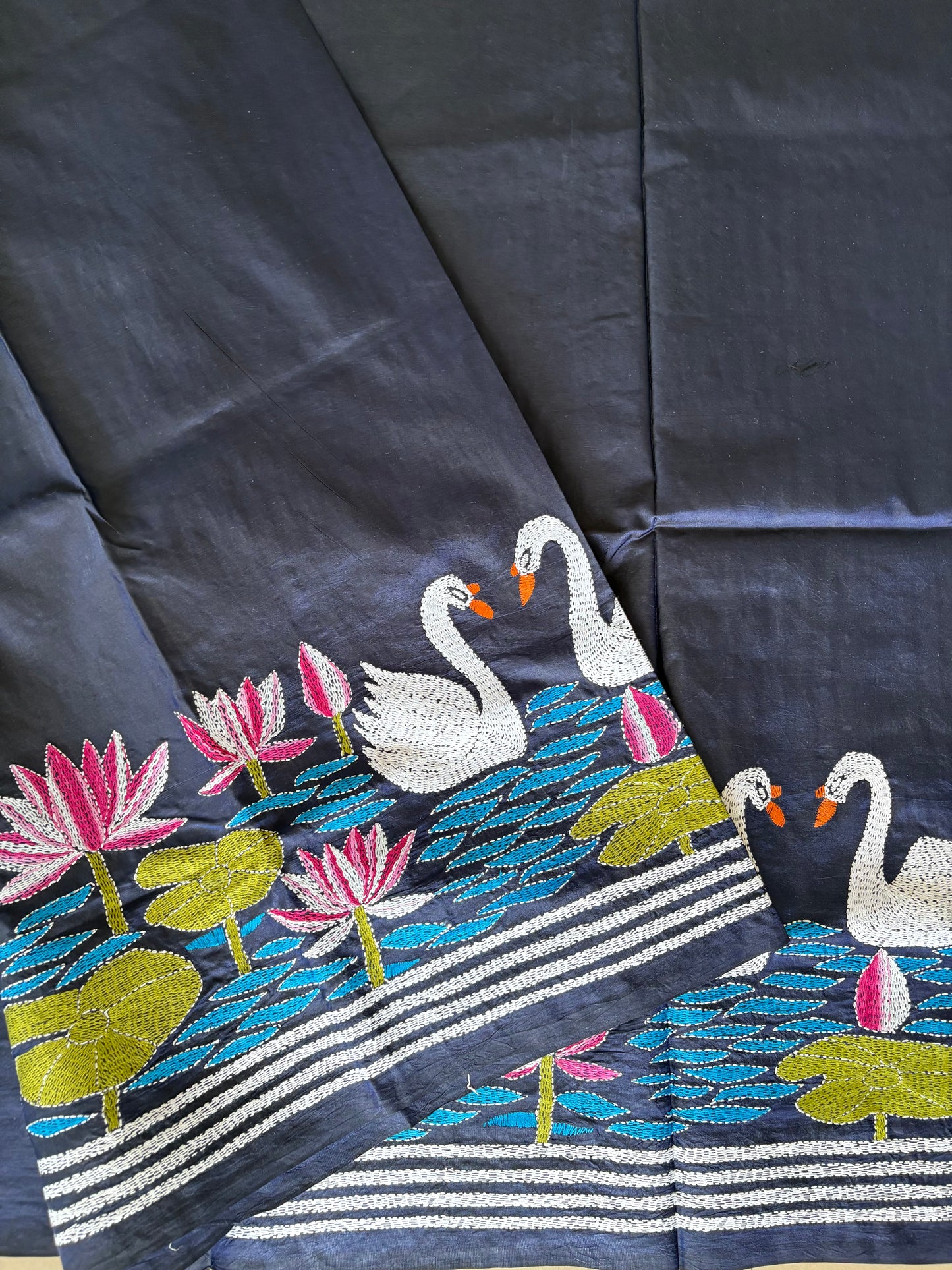 Kantha Hand Embroidered Pure Banglore Silk Saree (Silk Marked)