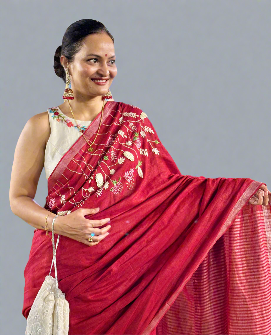 Pure Linen Saree With running Blouse - Red