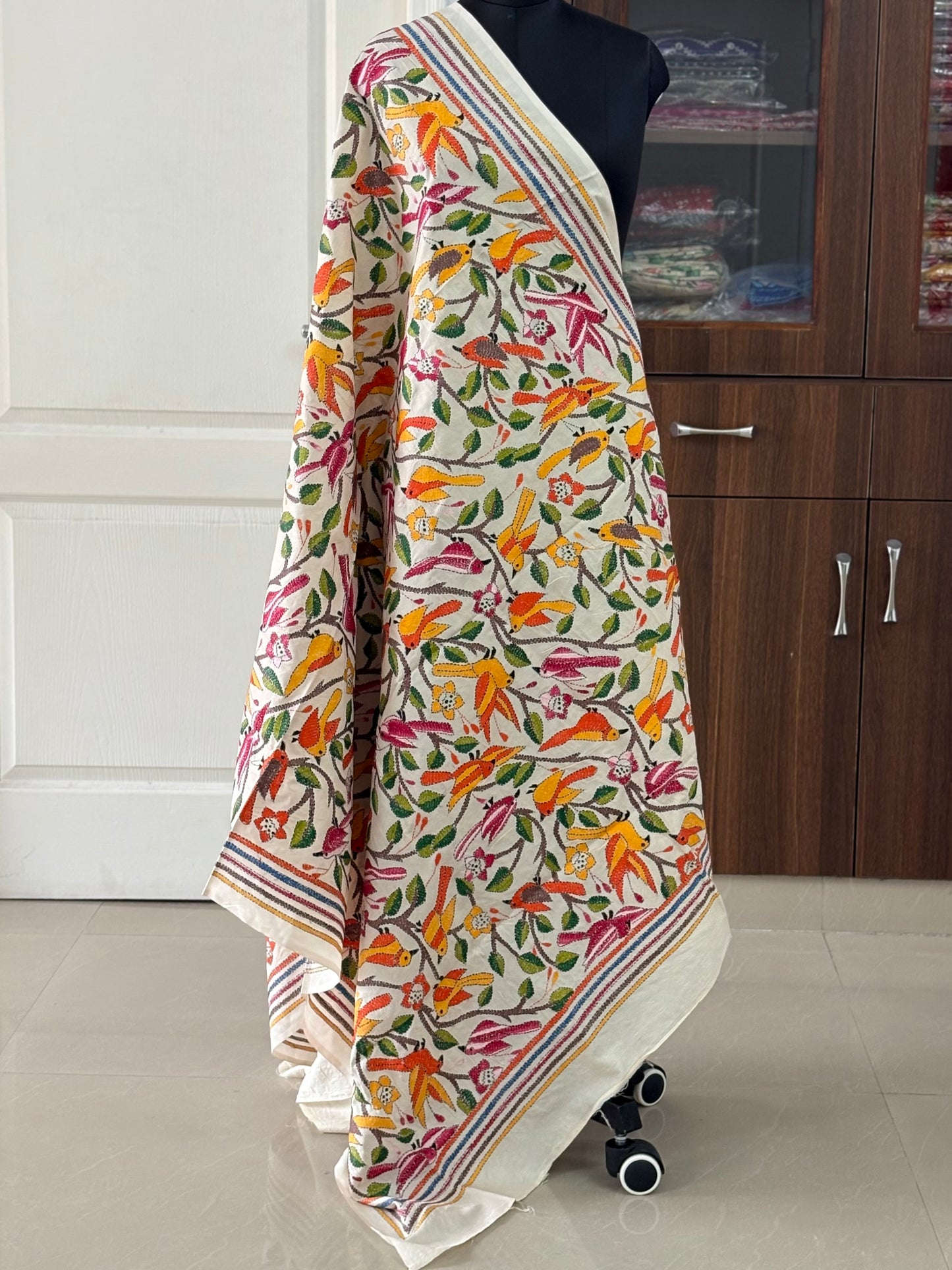 Kantha stitch hand embroidered heavy work Semi Tassar Silk Dupatta 44″