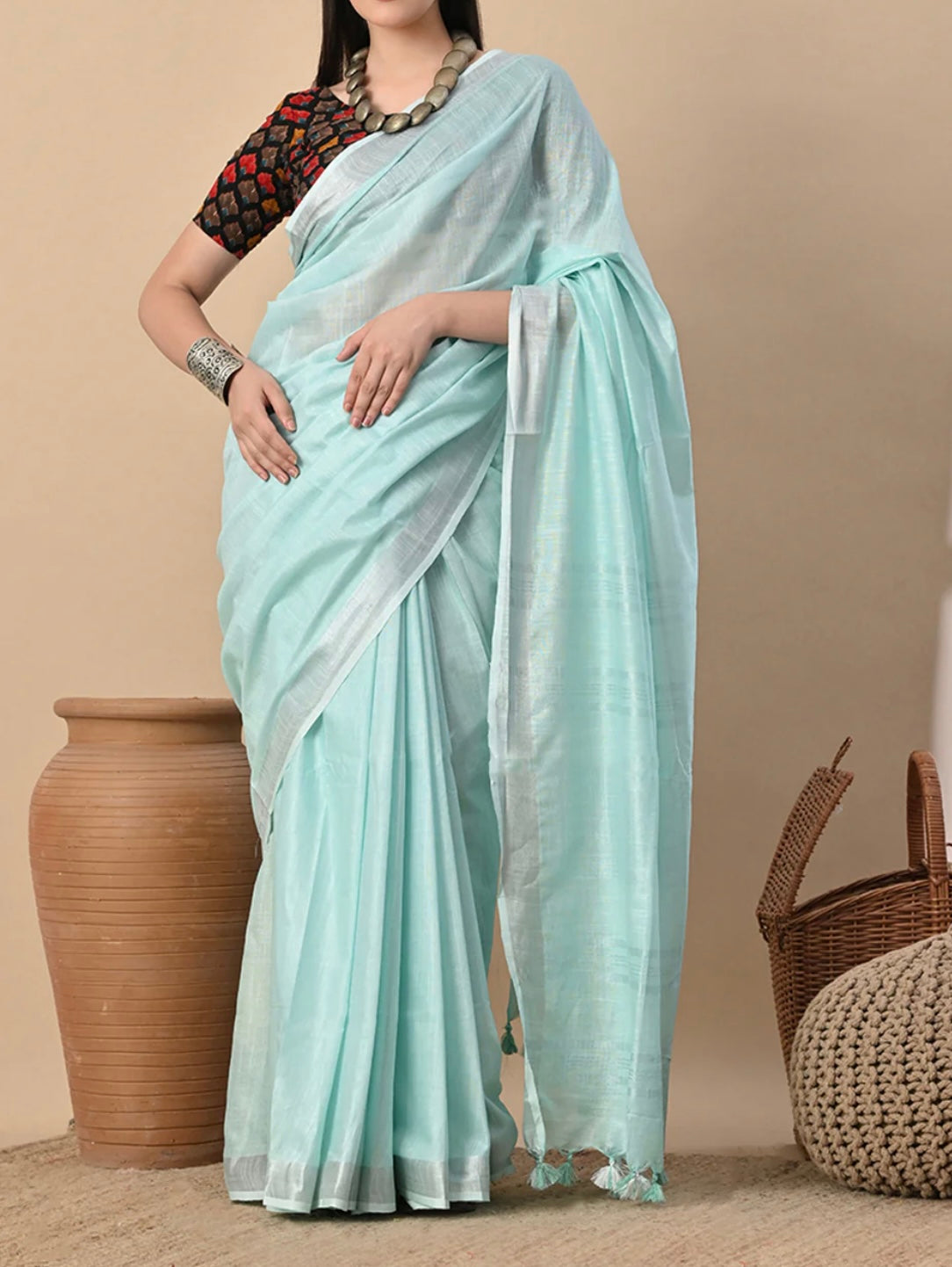 Cotton Linen Saree With running Blouse