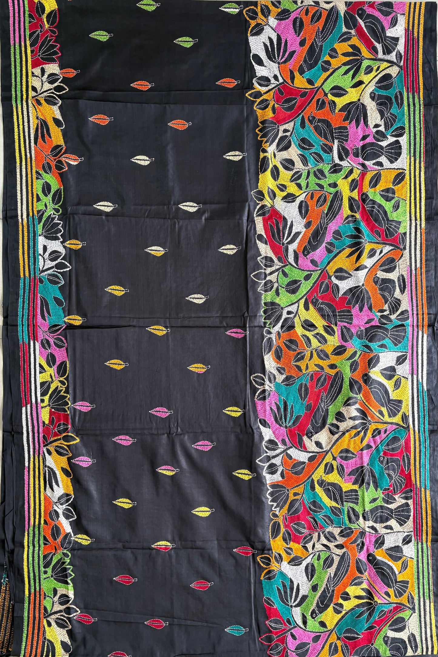 Reverse Kantha Stitch Hand Embroidered Art Silk Saree With Blouse