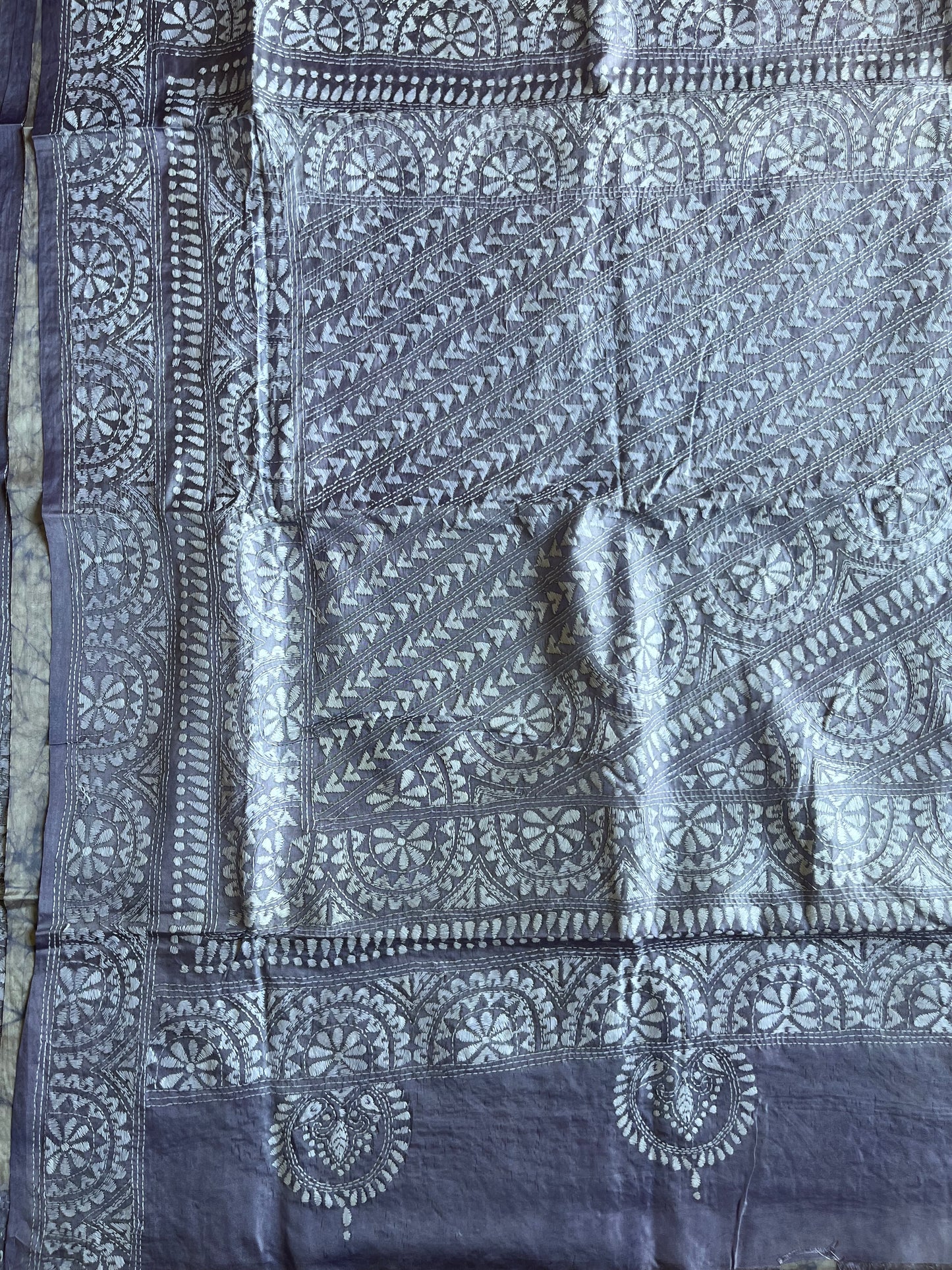 Kantha Stitch Hand Embroidered Art Silk Saree With Blouse