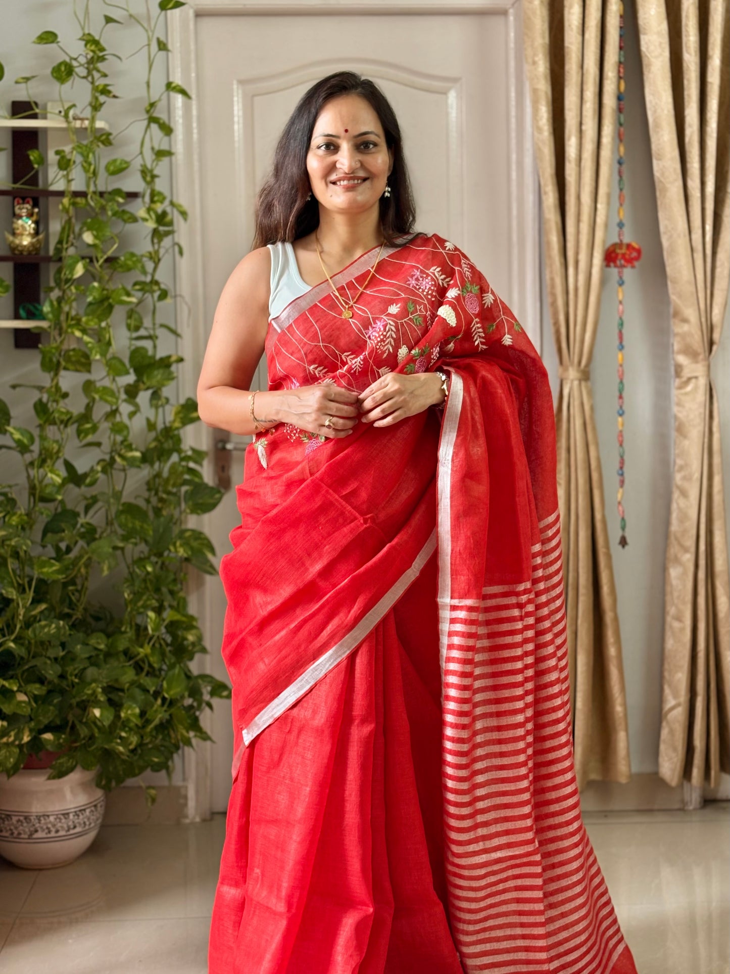 Pure Linen Saree With running Blouse - tomato Red