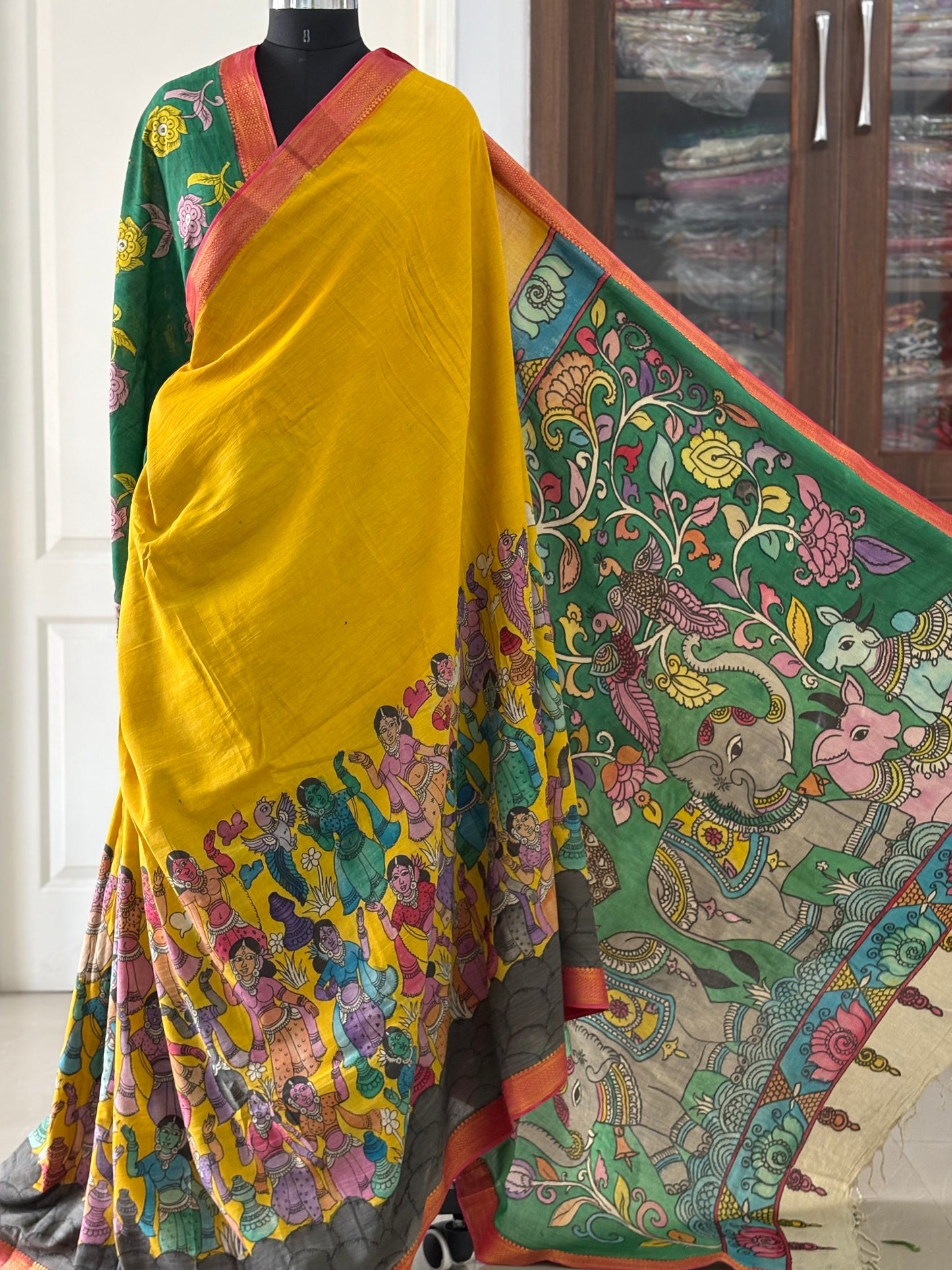 Pen Kalamkari hand painted pure cotton Saree with blouse