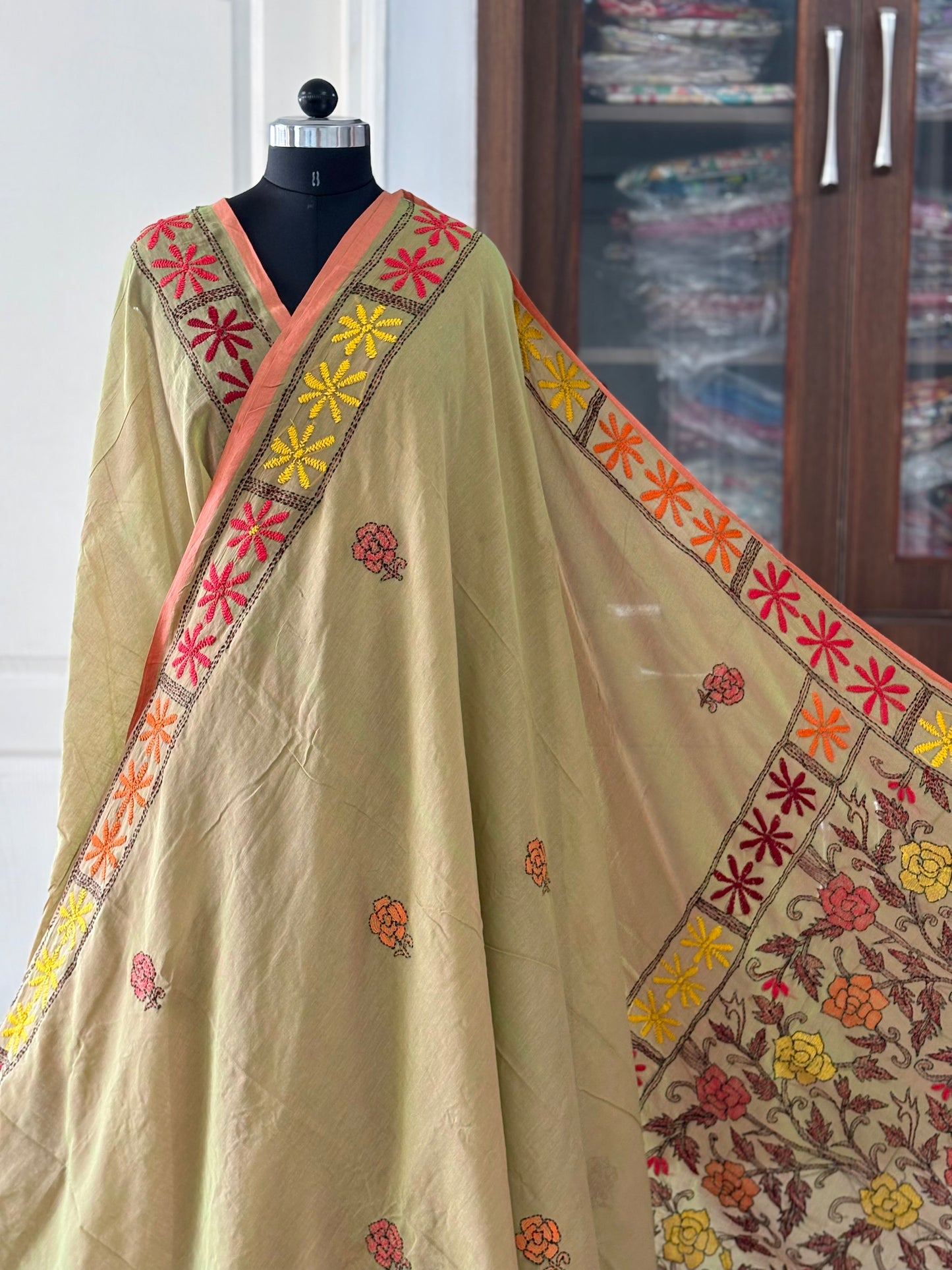 Kantha stitch Hand Embroidered Pure mul Cotton Saree