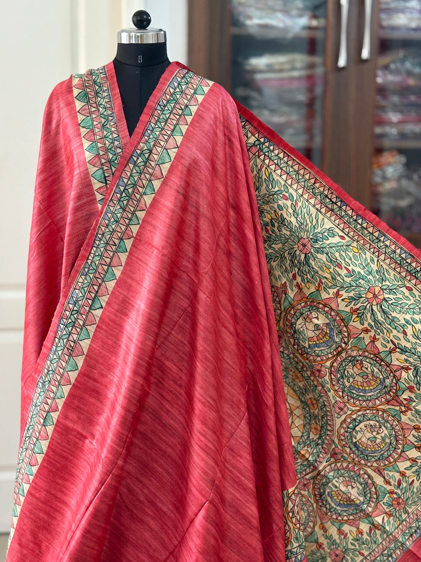 Pure Tussar Ghicha Silk Handcrafted Madhubani Saree (Silk Marked)