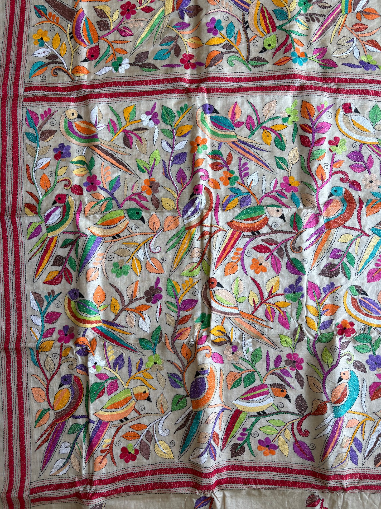 Kantha Stitch Hand Embroidered Pure Gachi Tussar Silk Saree (Silk Marked)