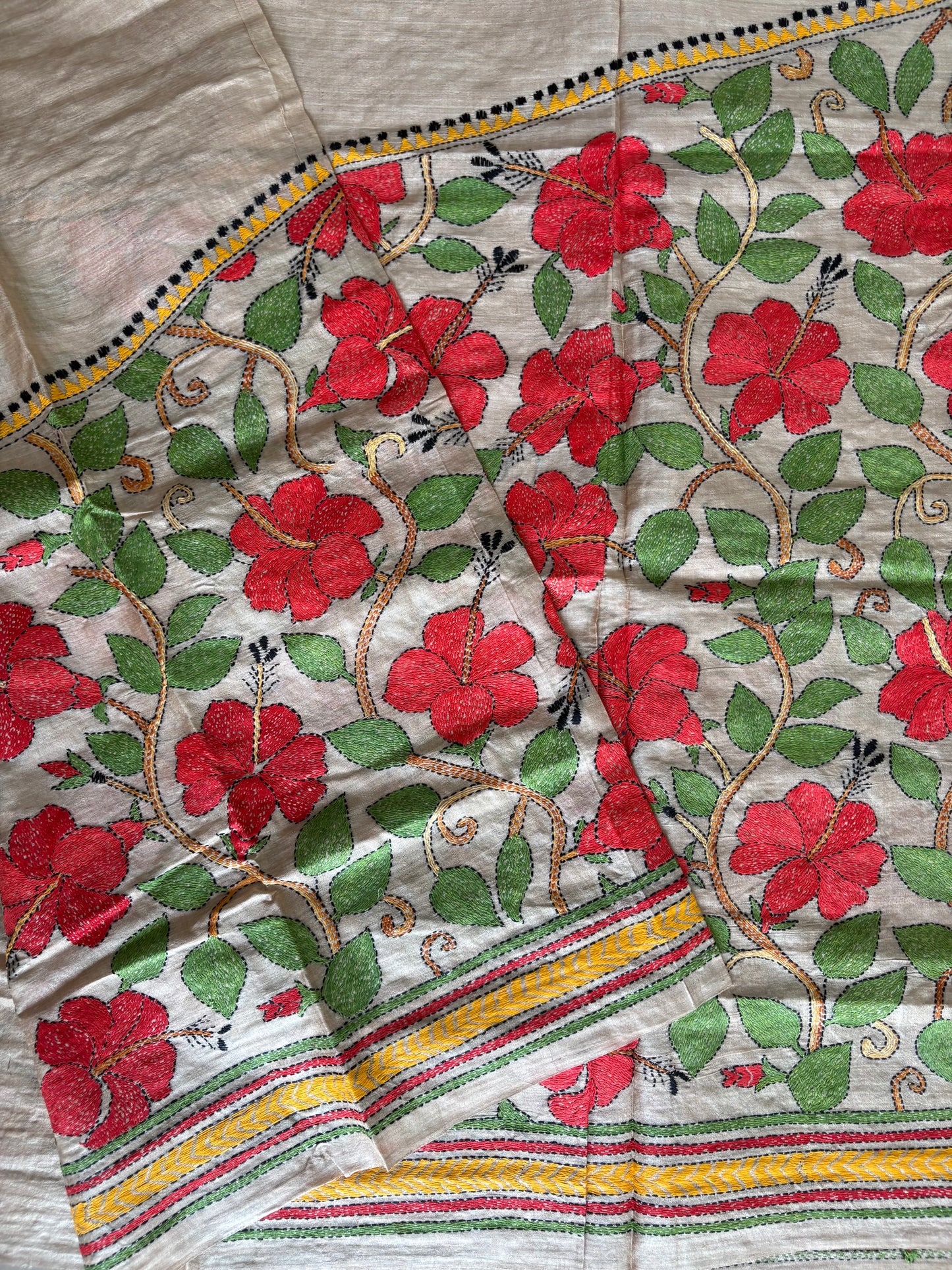 Kantha Stitch Hand Embroidered Pure Gachi by Gachi Tassar Silk Saree (Silk Marked)
