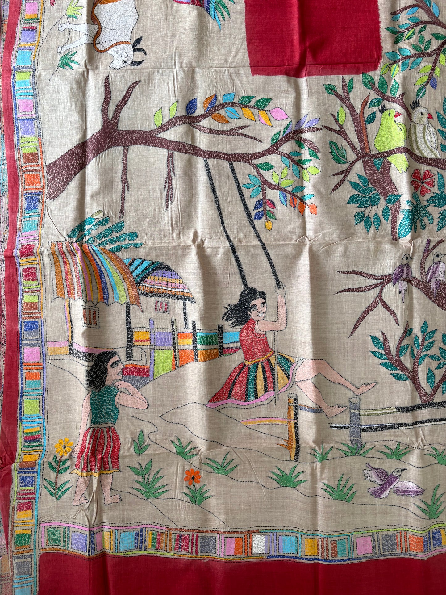 Kantha Stitch Hand Embroidered Pure Gachi by Gachi Tassar Silk Saree (Silk Marked)