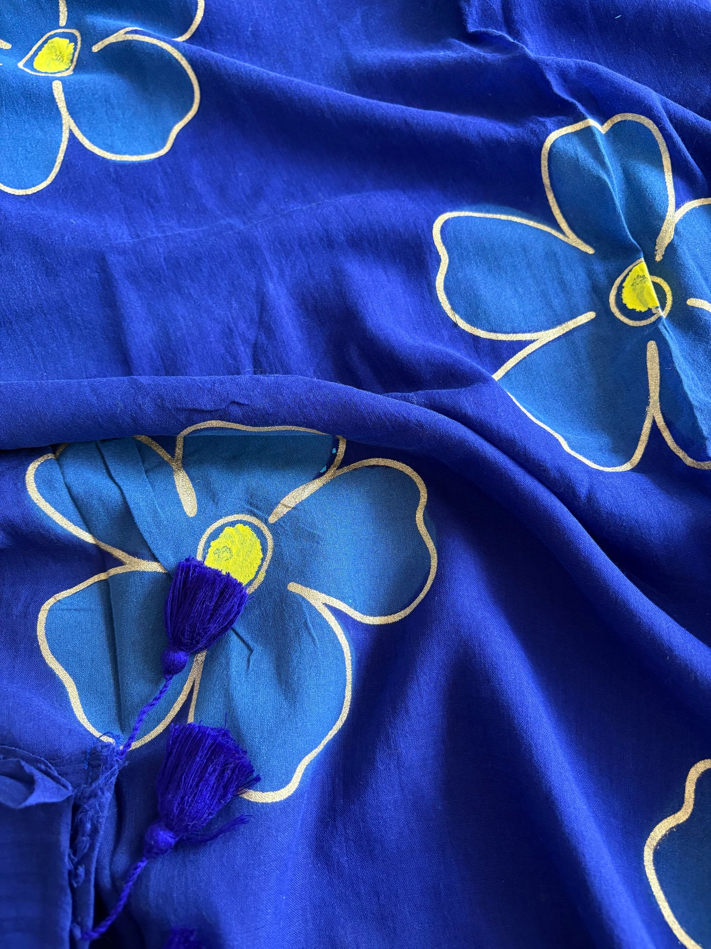 Hand Painted Mul Cotton Saree - Dark Blue