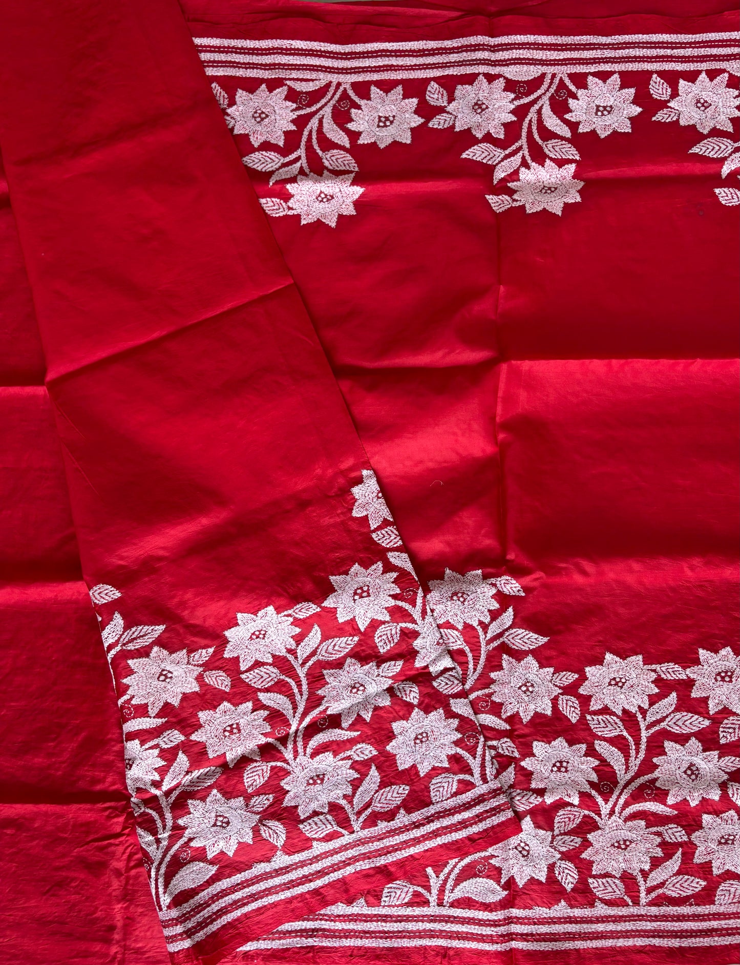Kantha Stitch Hand Embroidered Pure Banglore Silk Saree (Silk Marked)