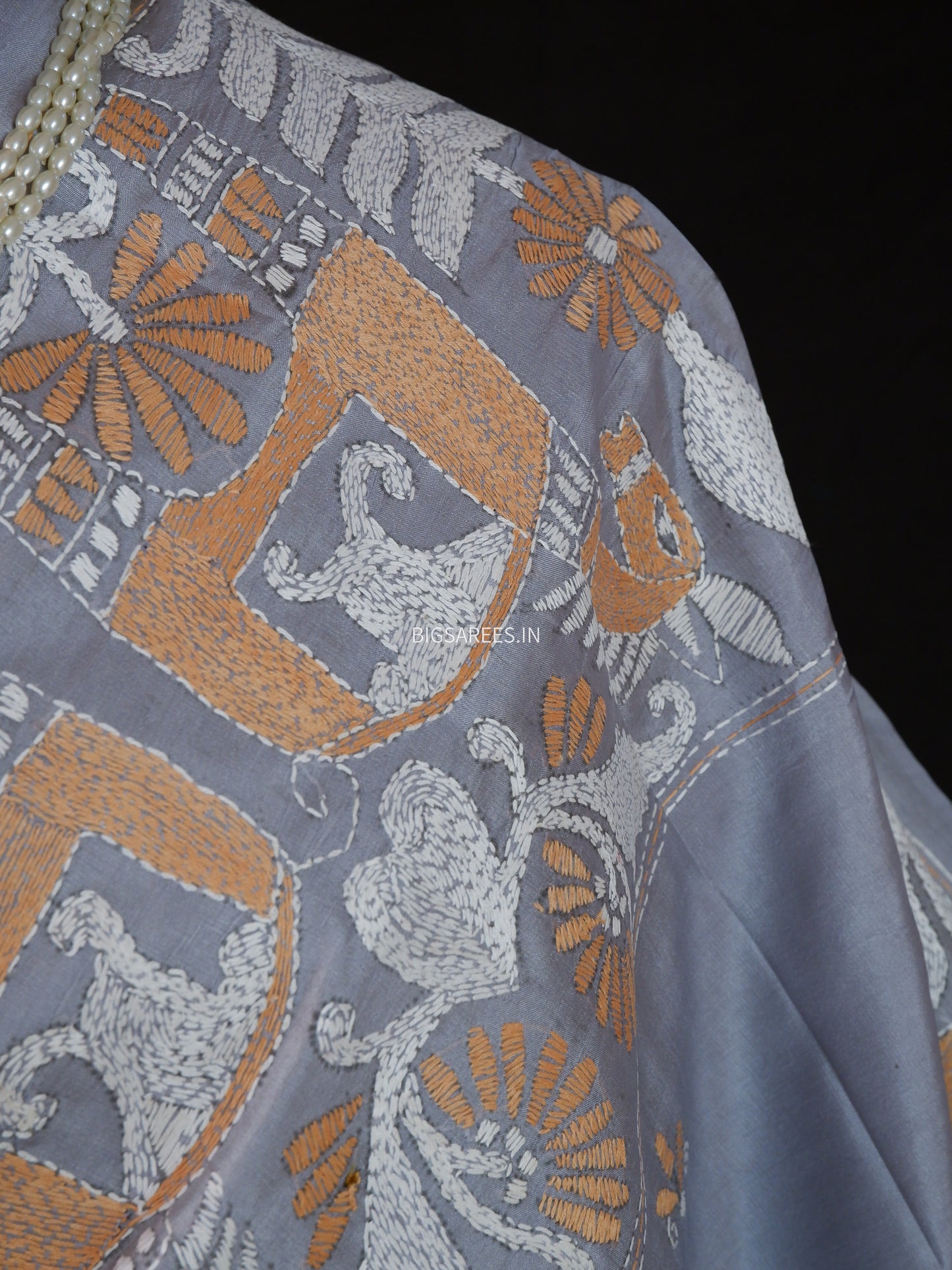 Kantha - Stitch Hand Embroidered Saree | Pure Bangalore Silk | Silk Mark Certified | Grey