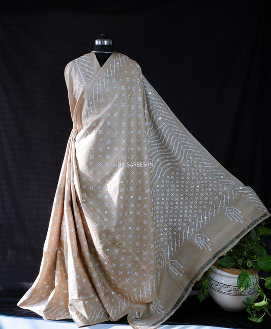 Kutchi Hand Embroidered Saree | Pure Gachi by Gachi Tassar Silk| Beige