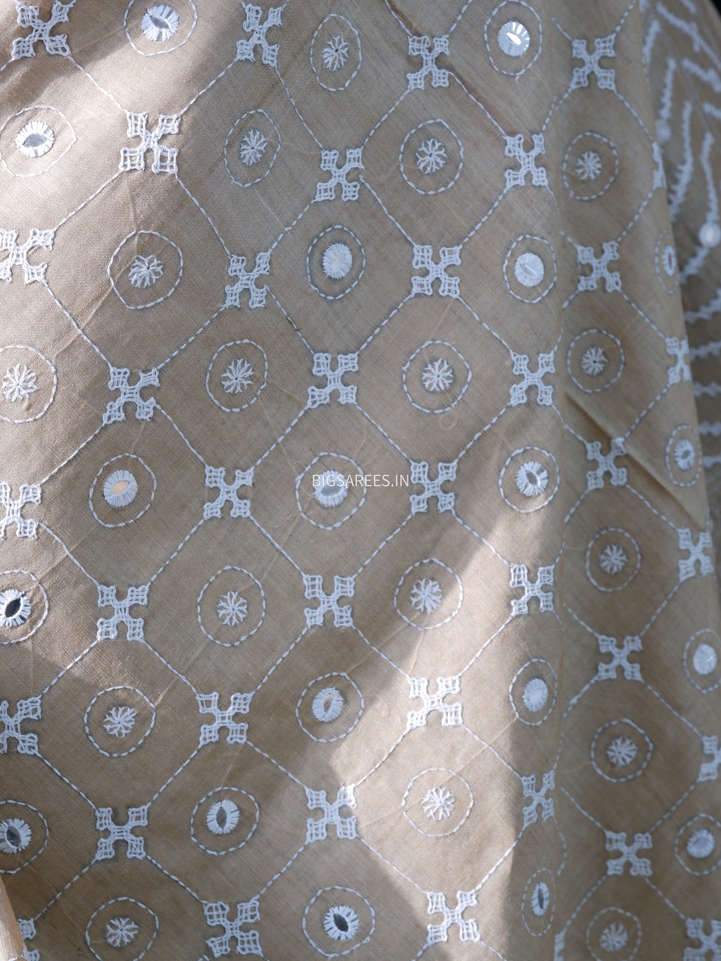 Kutchi Hand Embroidered Saree | Pure Gachi by Gachi Tassar Silk| Beige