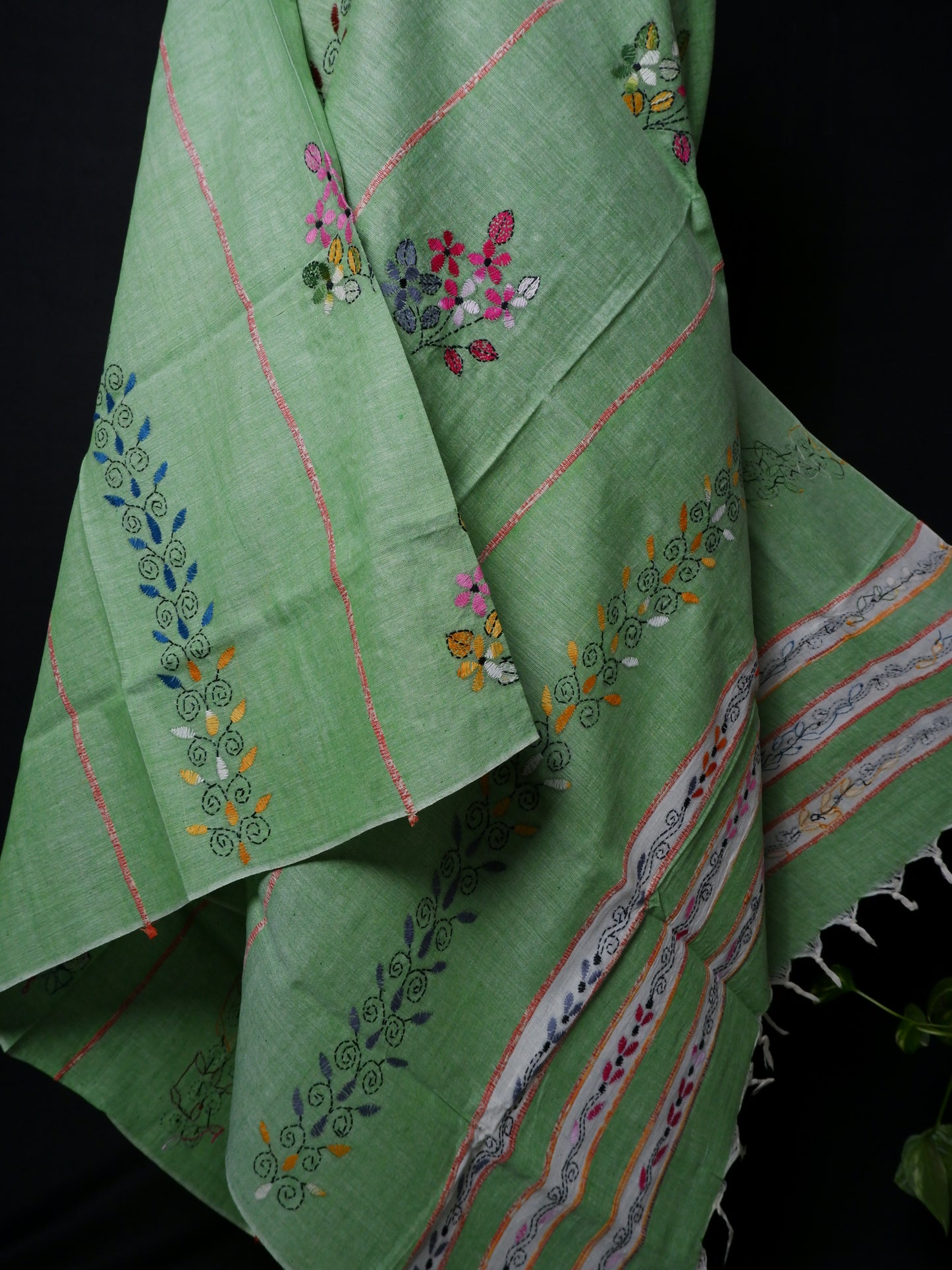 Hand-Embroidered Kantha - Stitch Dupatta | Pure Khesh Cotton | Misty Green | 34"|