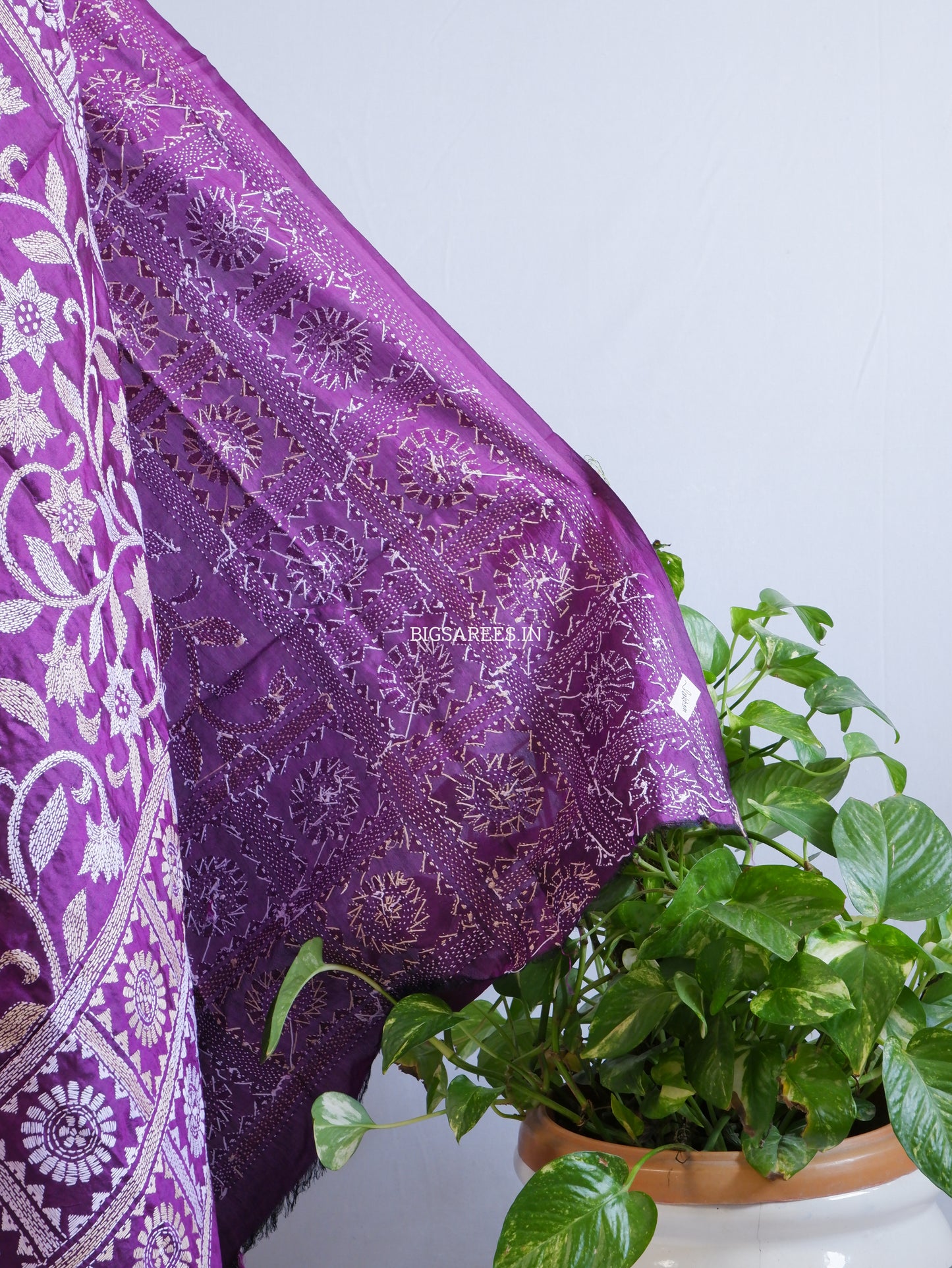Kantha Hand-Embroidered Dupatta | Pure Bangalore Silk | Silk Marked | Purple