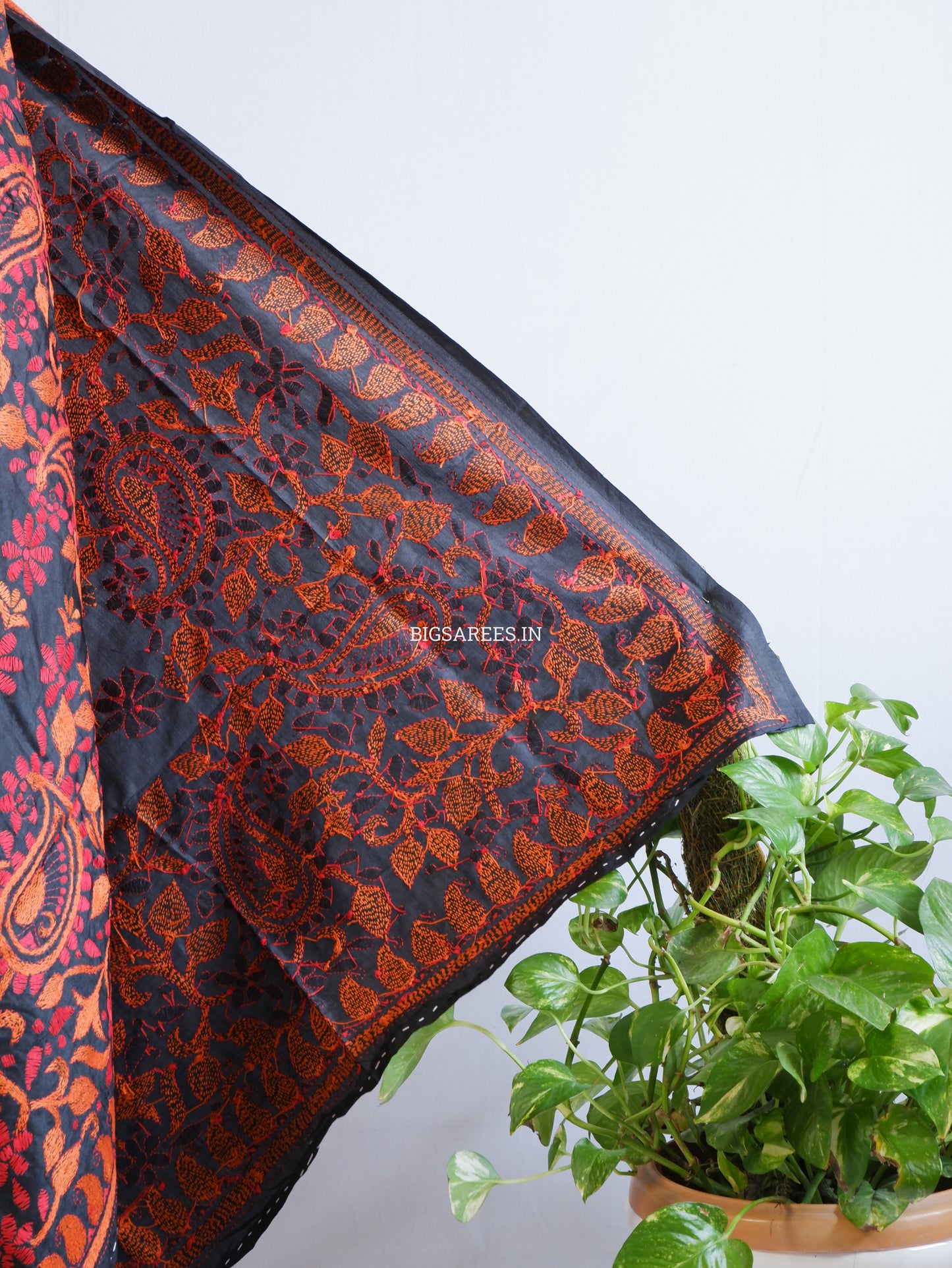 Kantha Hand-Embroidered Dupatta | Pure Bangalore Silk | Silk Marked | Black
