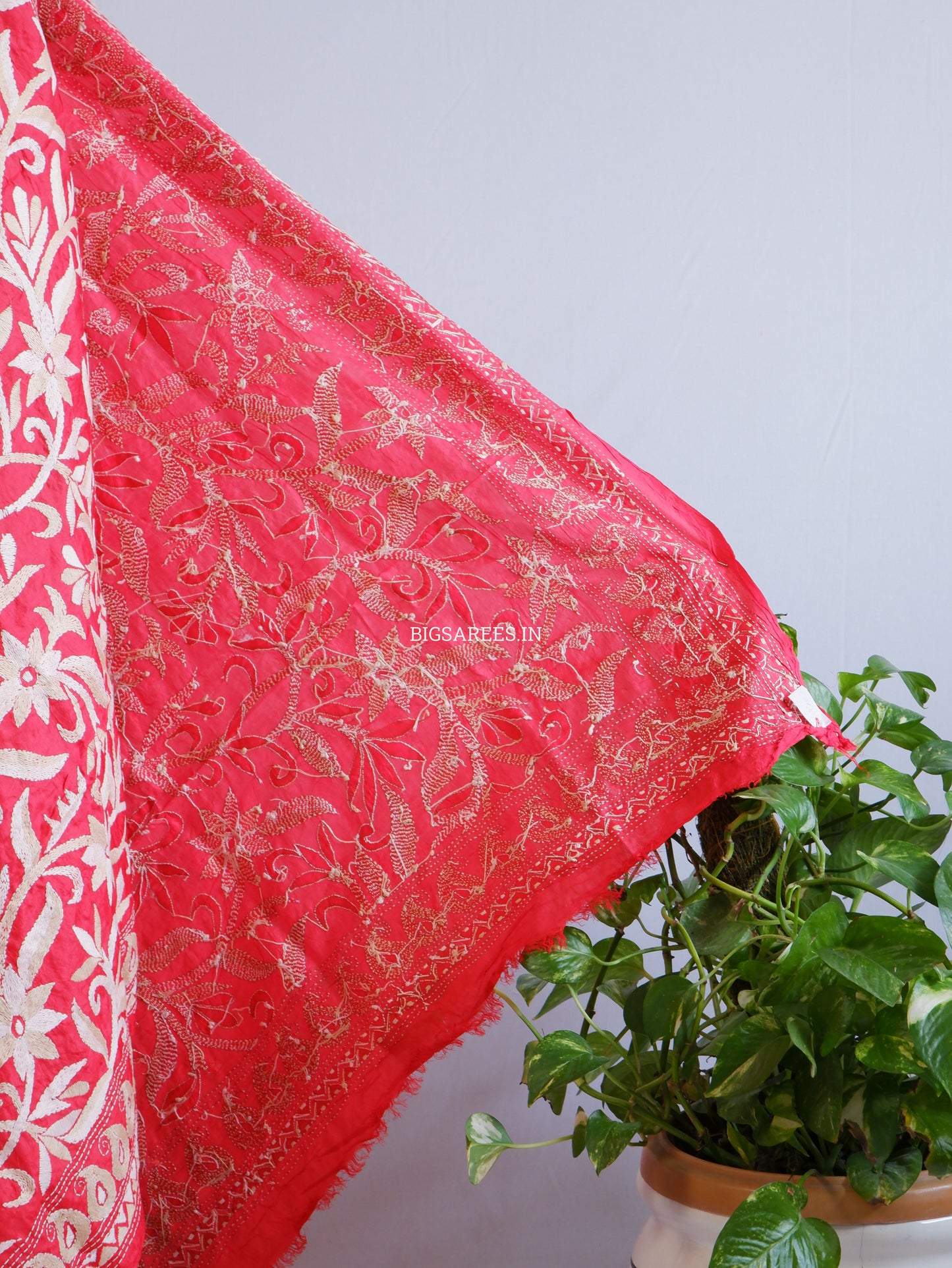 Kantha Hand-Embroidered Dupatta | Pure Bangalore Silk | Silk Marked | Red