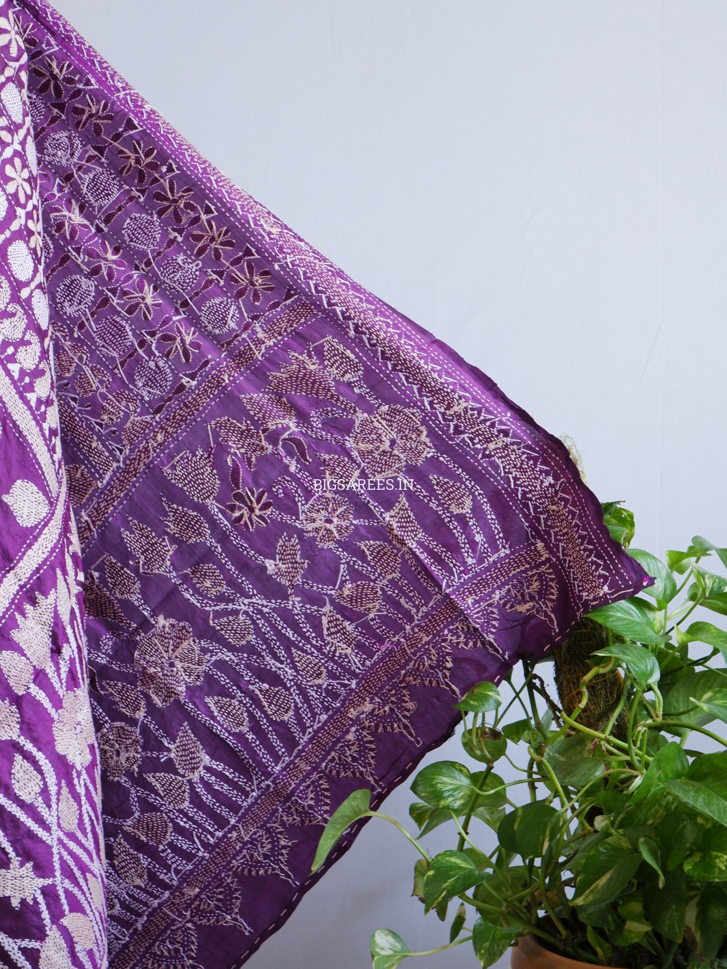 Kantha Hand-Embroidered Dupatta | Pure Bangalore Silk | Silk Marked | Purple
