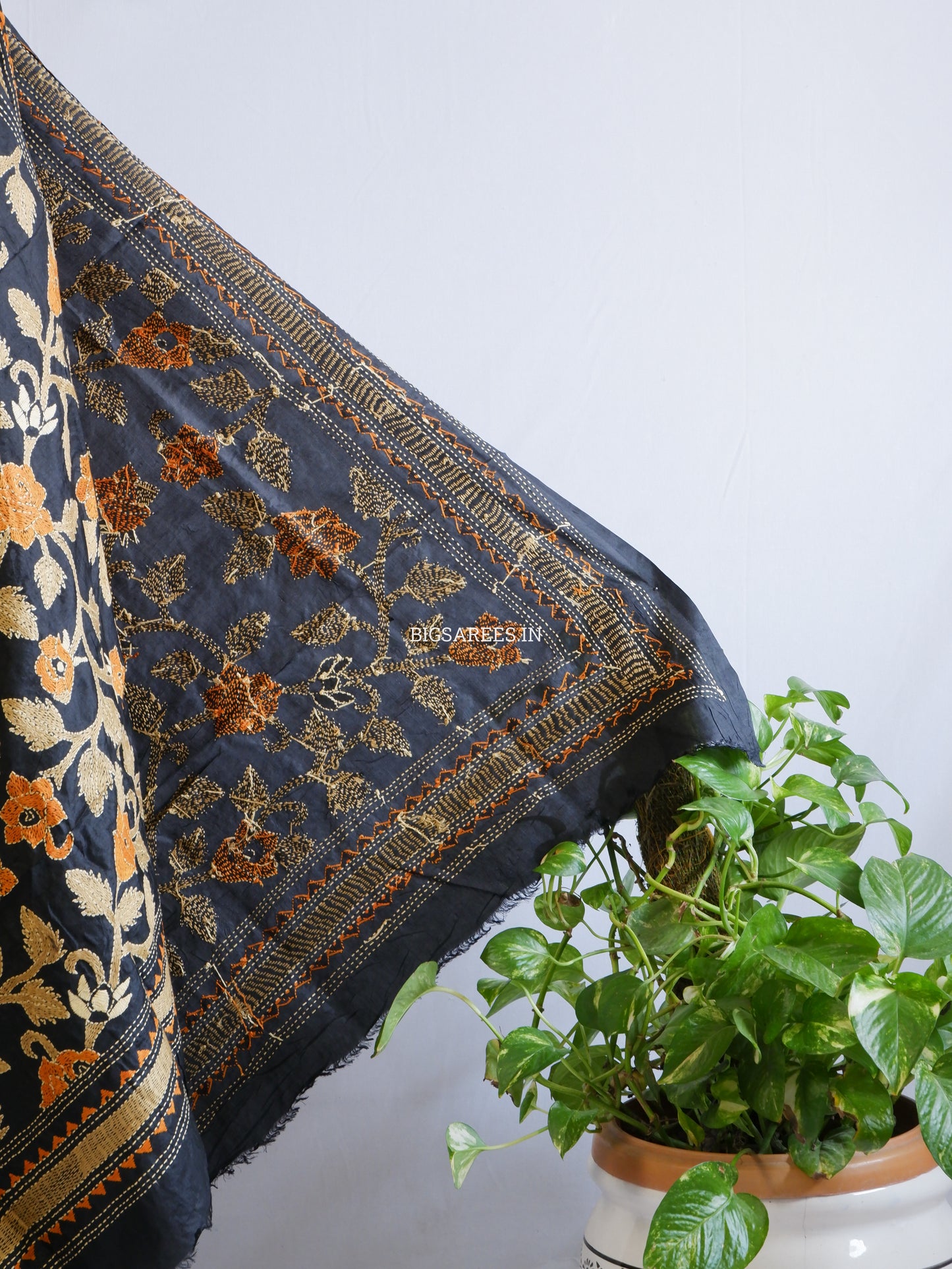 Kantha Hand-Embroidered Dupatta | Pure Bangalore Silk | Silk Marked | Black