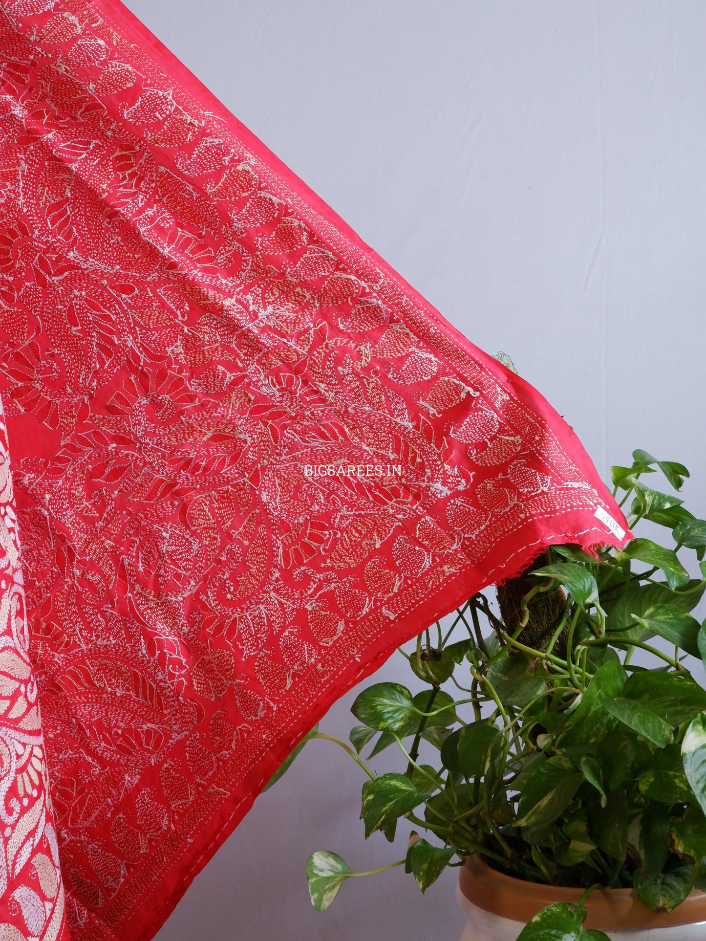 Kantha Hand-Embroidered Dupatta | Pure Bangalore Silk | Silk Marked | Red