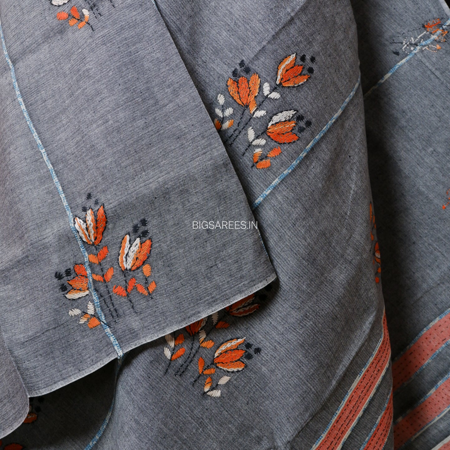 Hand-Embroidered Kantha - Stitch Dupatta | Pure Khesh Cotton | Grey | 36"|