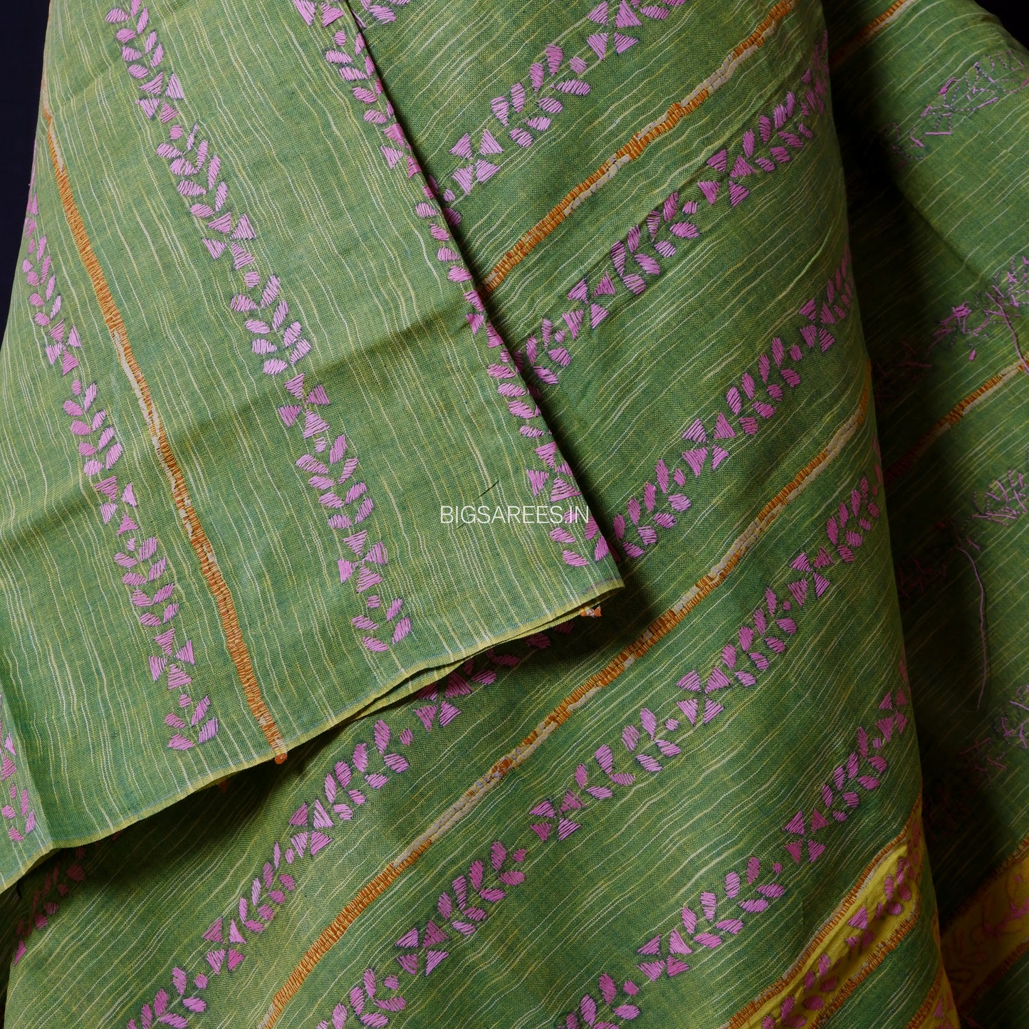 Hand-Embroidered Kantha - Stitch Dupatta | Pure Khesh Cotton | Grass Green | 36"|