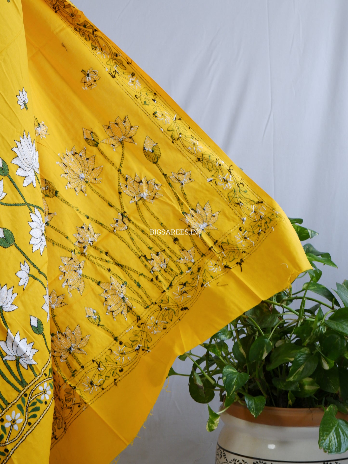 Hand-Embroidered Kantha Stitch Dupatta | Khadi Cotton | Yellow