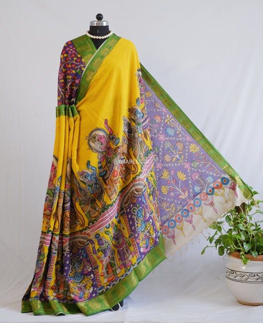 Pen Kalamkari Cotton Saree with Running Blouse | Hand-Painted | Yellow