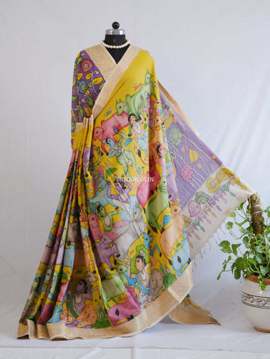 Pen Kalamkari Cotton Saree with Running Blouse | Hand-Painted | Yellow