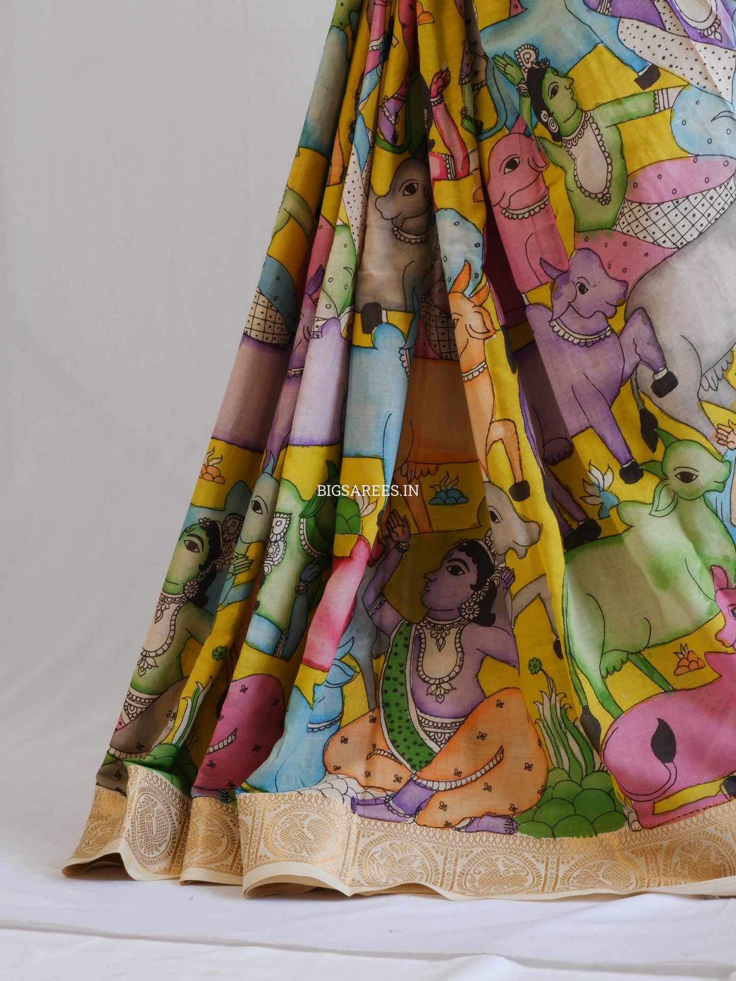 Pen Kalamkari Cotton Saree with Running Blouse | Hand-Painted | Yellow