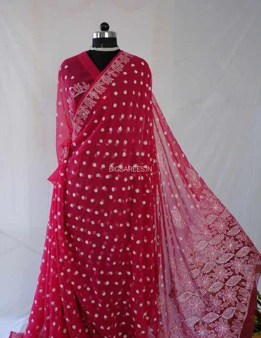 Chikankari Hand Embroidered Saree | Semi Georgette | Cranberry Red