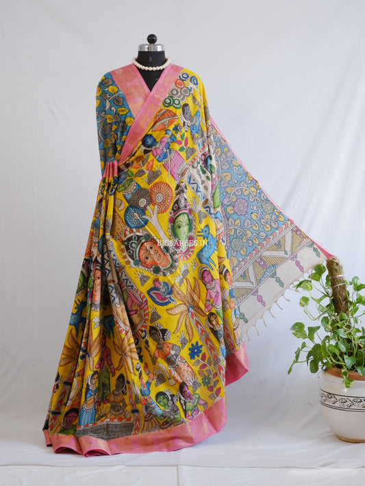 Pen Kalamkari Cotton Saree with Running Blouse | Hand-Painted | Yellow