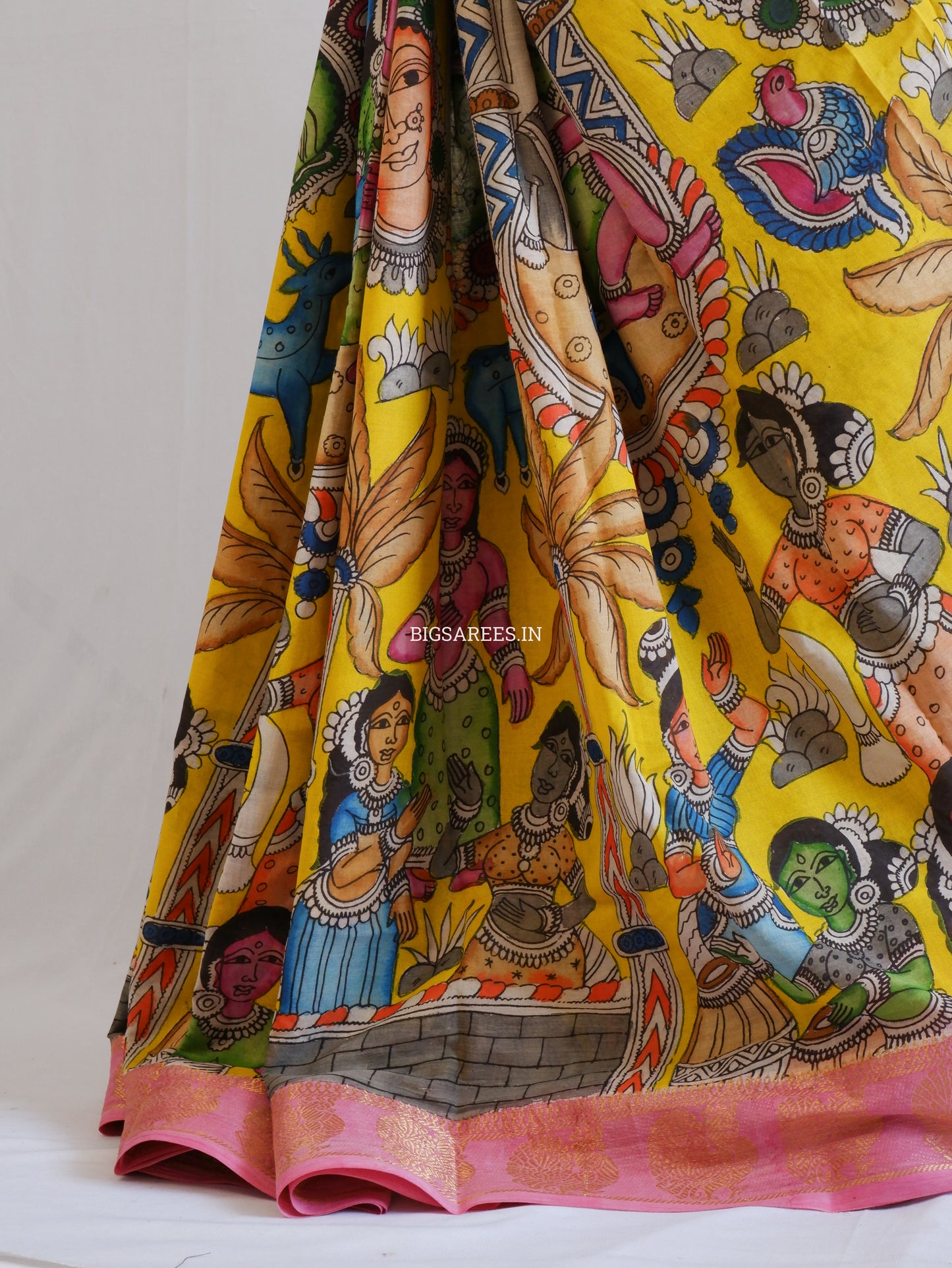 Pen Kalamkari Cotton Saree with Running Blouse | Hand-Painted | Yellow